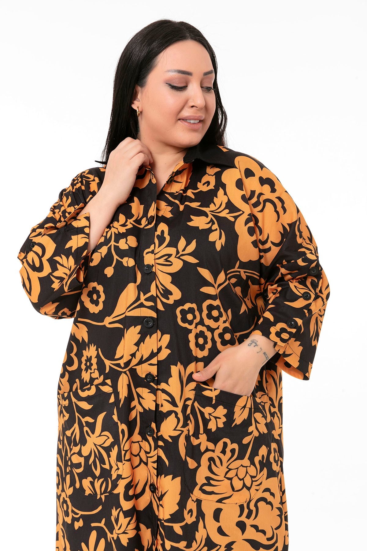 Plus Size Shirt Collar Bag Pocket Sleeve Detailed Asymmetrical Mustard Floral Shirt Dress