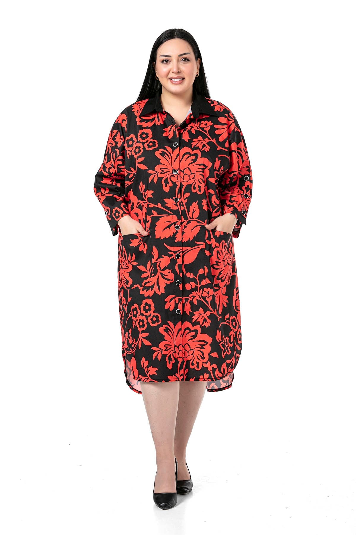 Plus Size Shirt Collar Bag Pocket Sleeve Detailed Asymmetrical Red Floral Shirt Dress