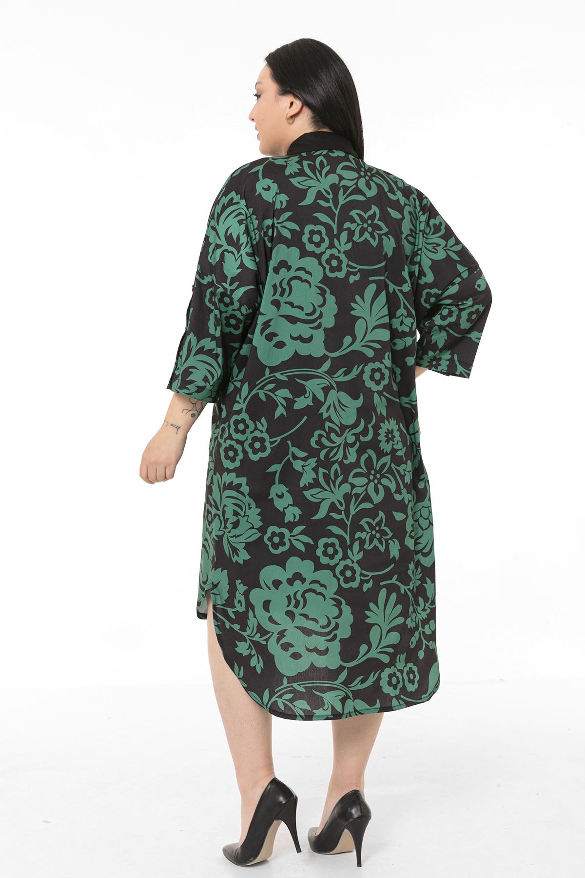 Plus Size Shirt Collar Bag Pocket Sleeve Detailed Asymmetrical Green Floral Shirt Dress