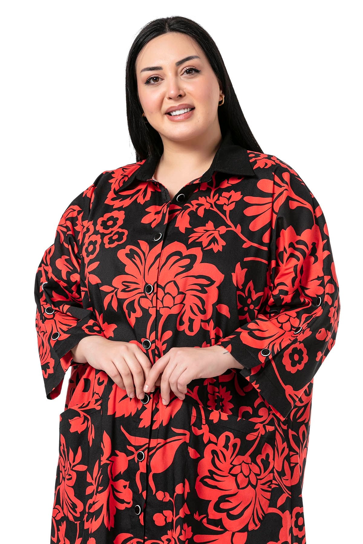 Plus Size Shirt Collar Bag Pocket Sleeve Detailed Asymmetrical Red Floral Shirt Dress