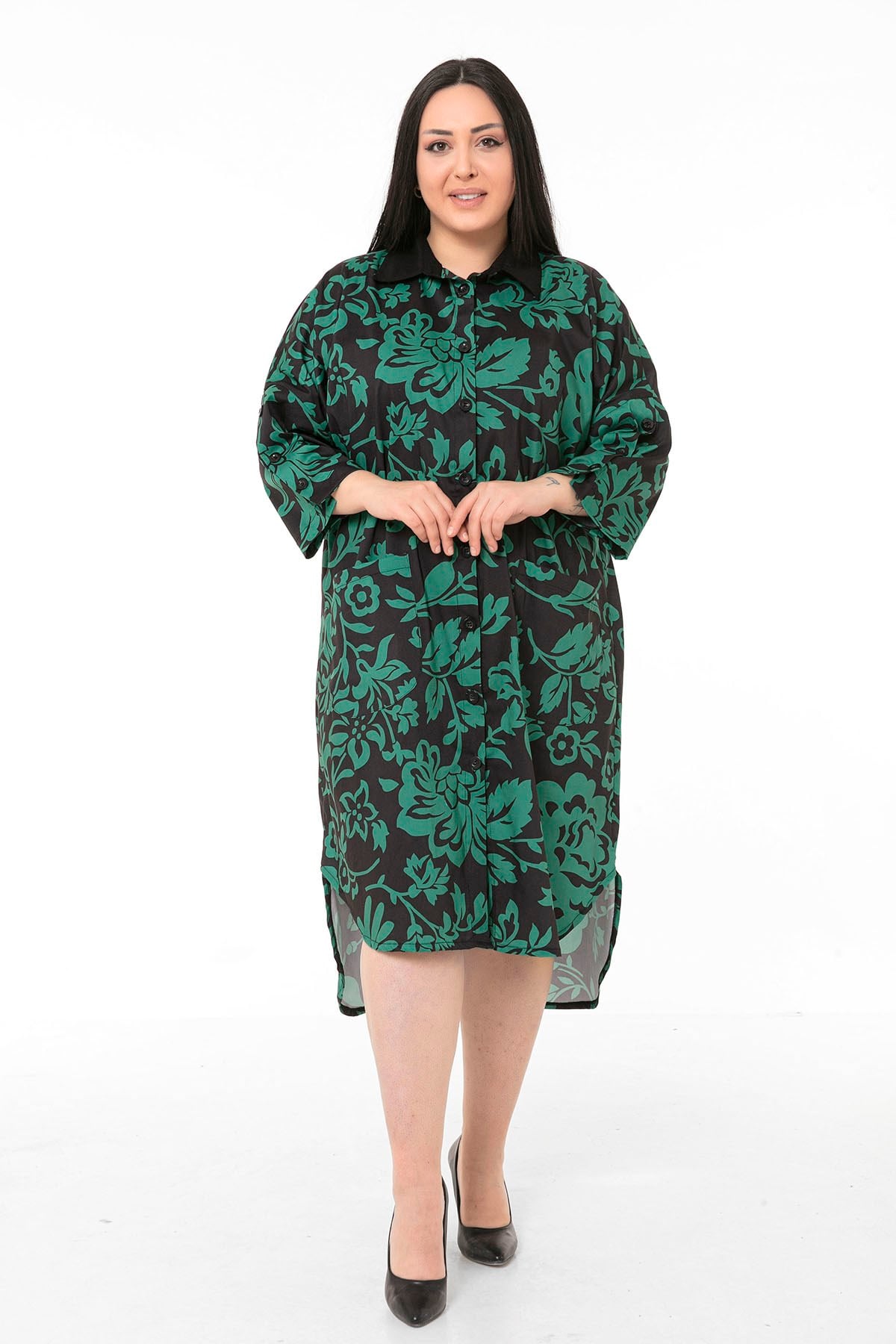 Plus Size Shirt Collar Bag Pocket Sleeve Detailed Asymmetrical Green Floral Shirt Dress