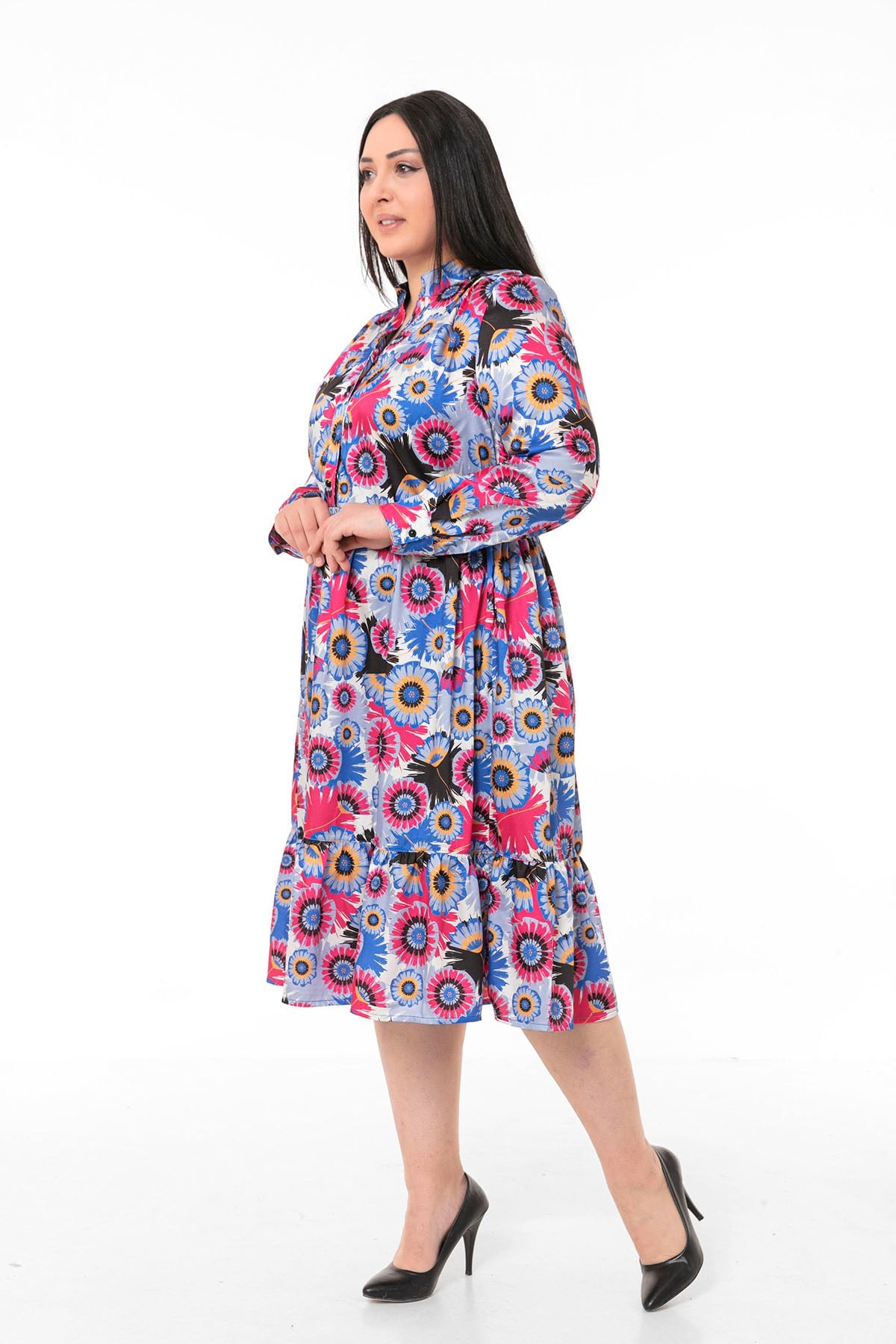 Plus Size Magnificent Collar Side Elastic Waist Yoke Frill Satin Blue Midi Dress