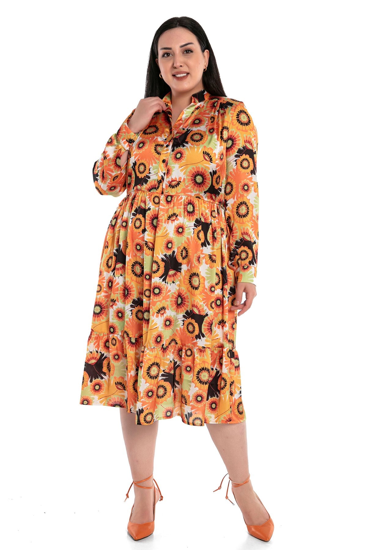 Plus Size Magnificent Collar Side Elastic Waist Yoke Frill Satin Orange Midi Dress