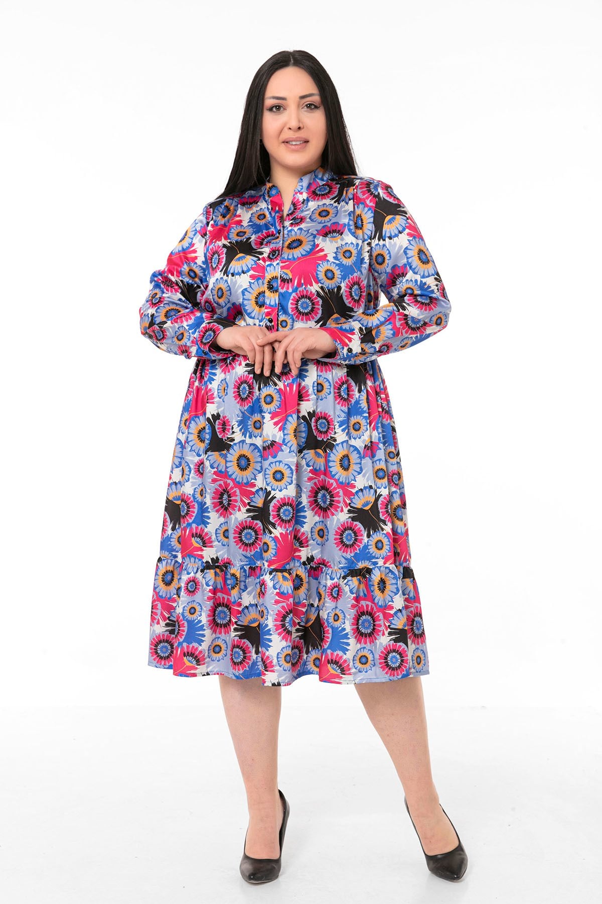 Plus Size Magnificent Collar Side Elastic Waist Yoke Frill Satin Blue Midi Dress