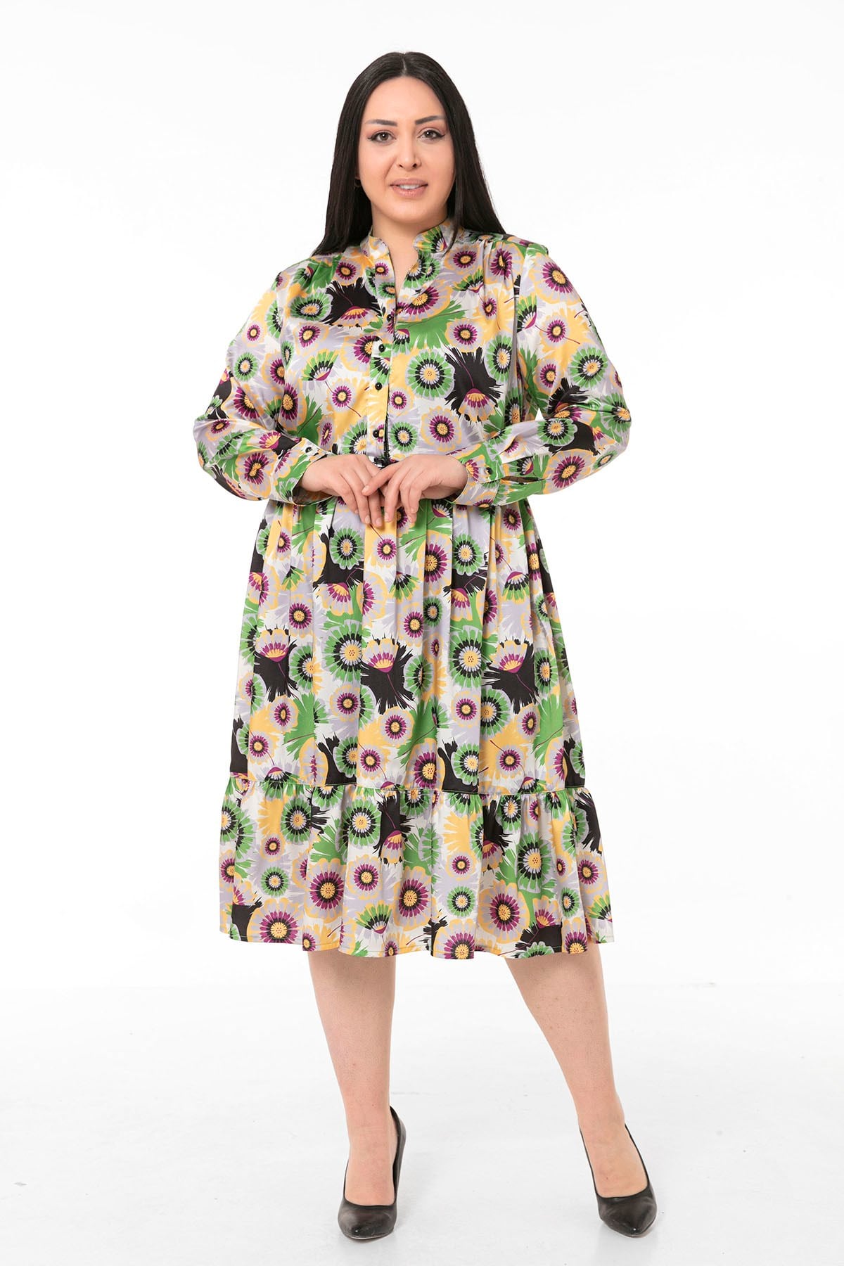 Plus Size Magnificent Collar Side Elastic Waist Yoke Frill Satin Green Midi Dress