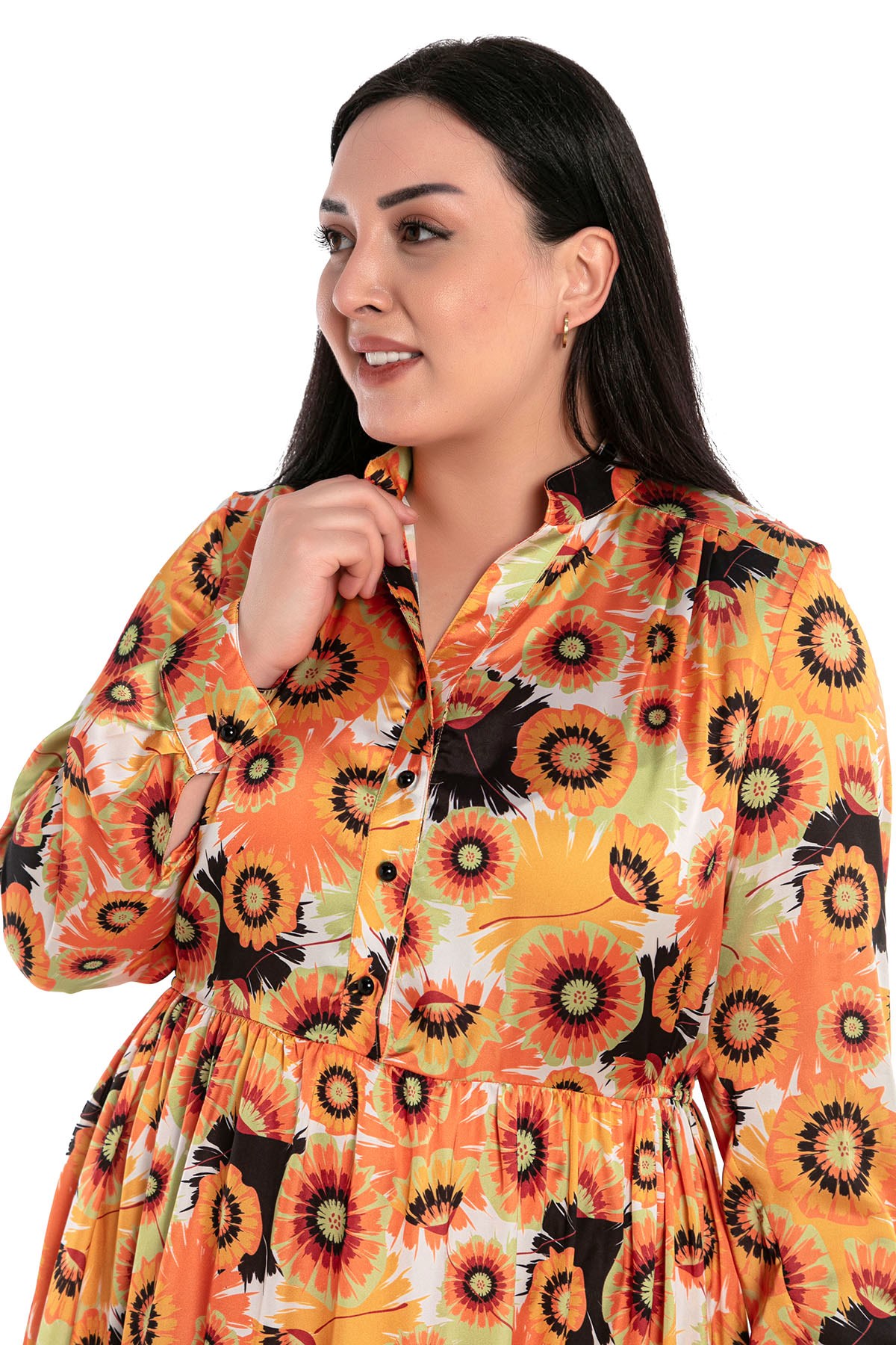 Plus Size Magnificent Collar Side Elastic Waist Yoke Frill Satin Orange Midi Dress