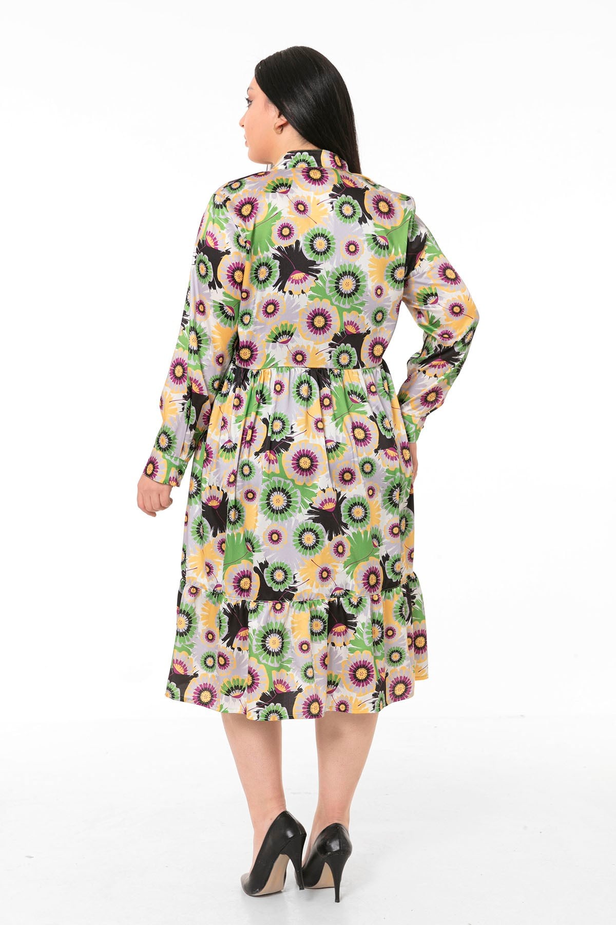 Plus Size Magnificent Collar Side Elastic Waist Yoke Frill Satin Green Midi Dress