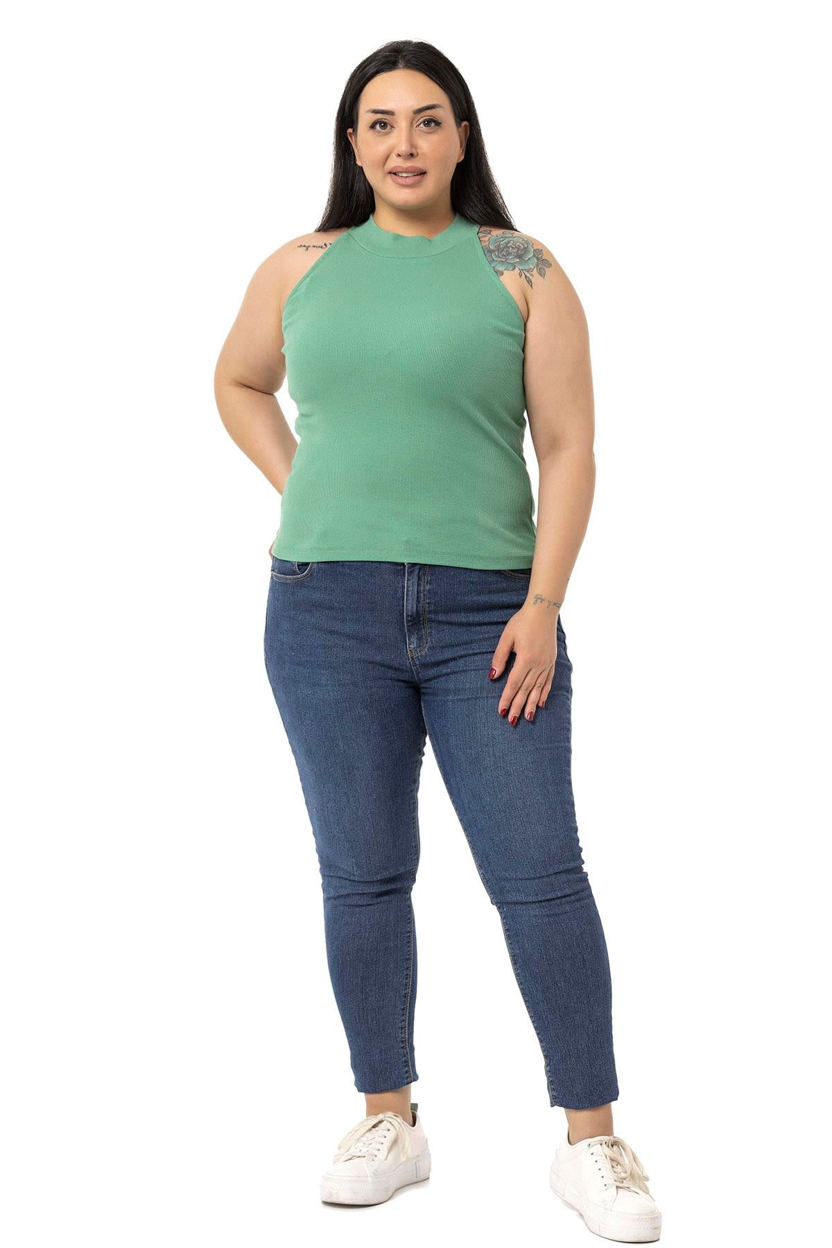 Büyük Beden Halter Yaka Yarım Balıkçı Fitilli Kaşkorse Yeşil Body