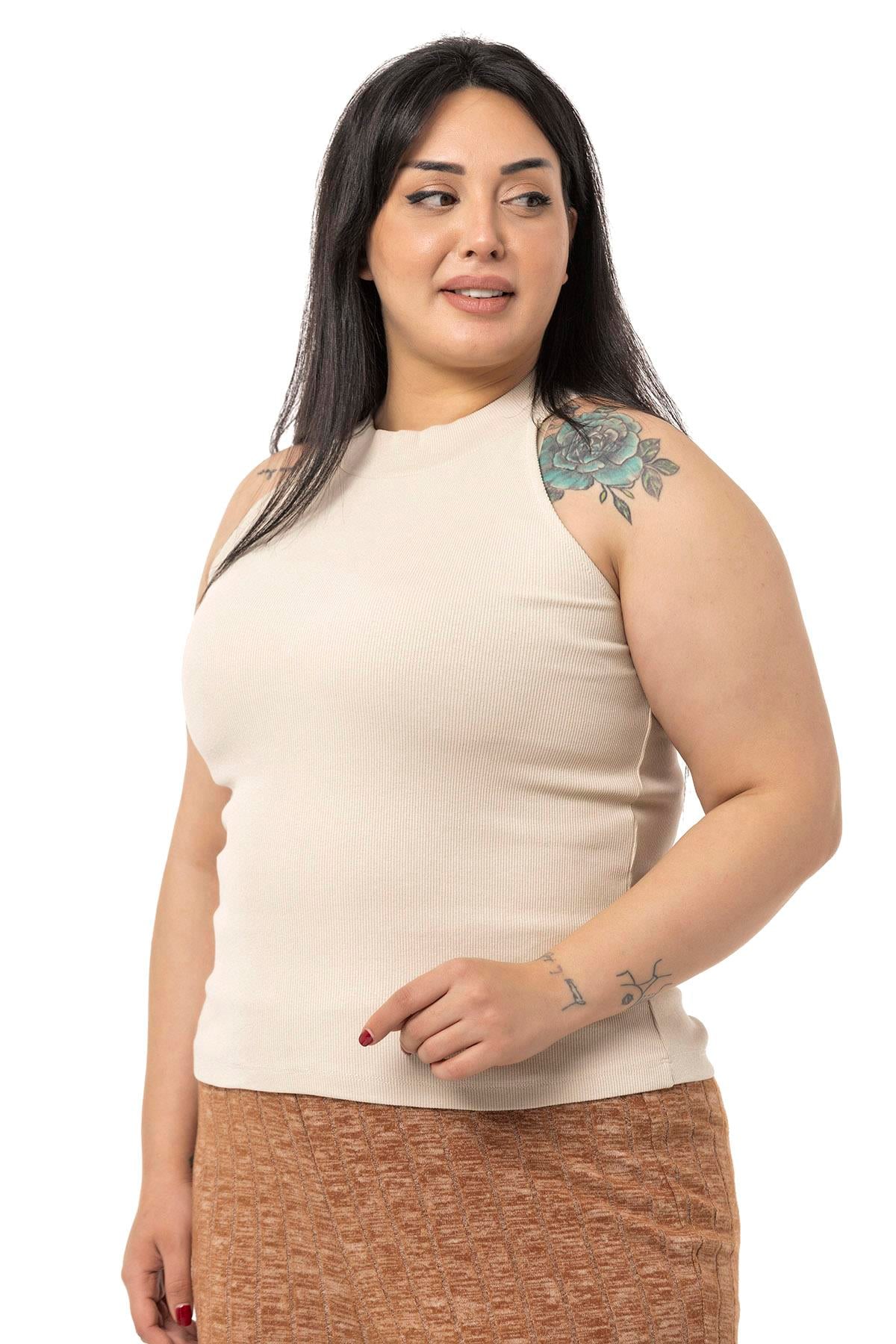 Büyük Beden Halter Yaka Yarım Balıkçı Fitilli Kaşkorse Bej Body