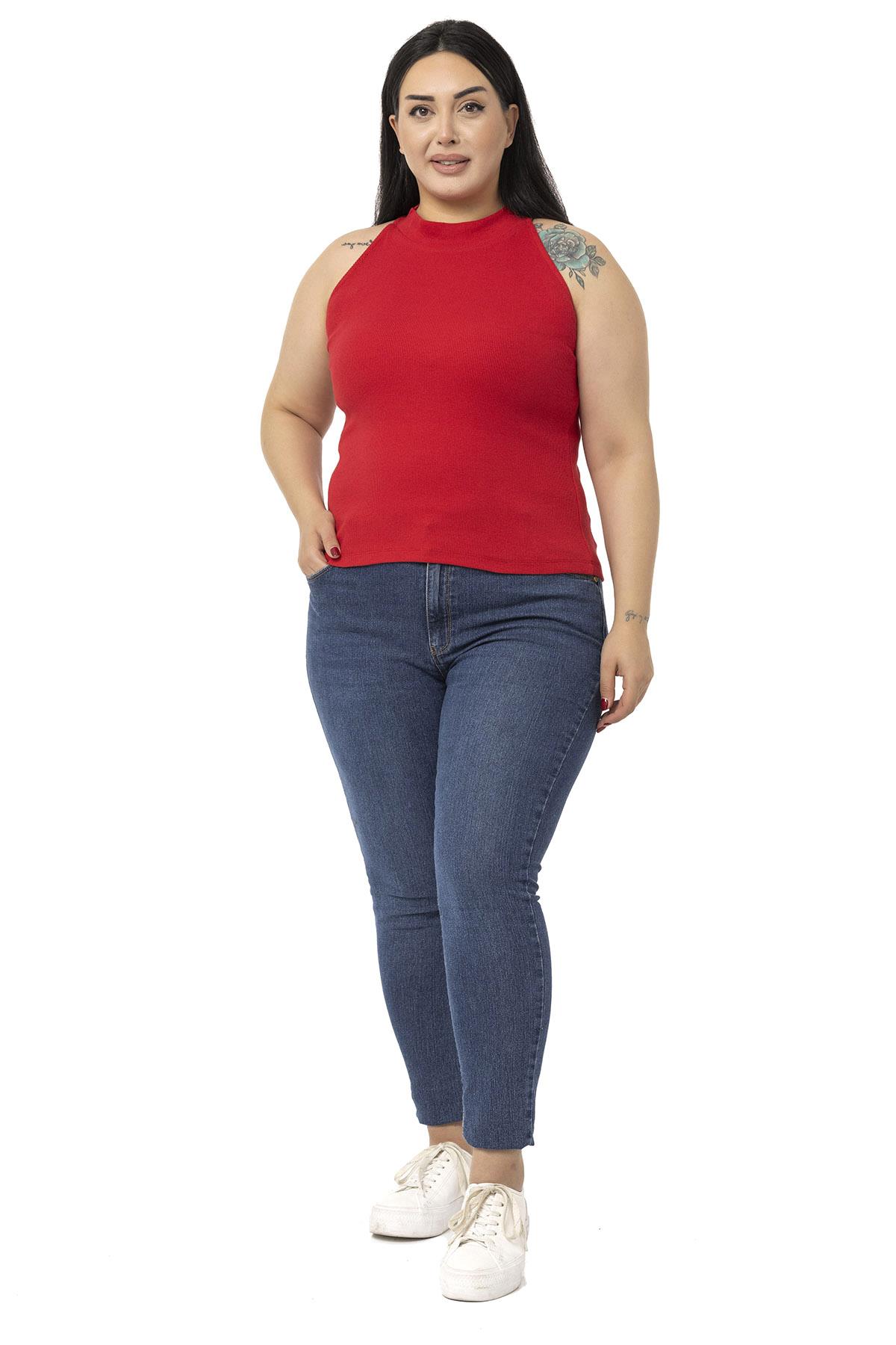 Büyük Beden Halter Yaka Yarım Balıkçı Fitilli Kaşkorse Kırmızı Body