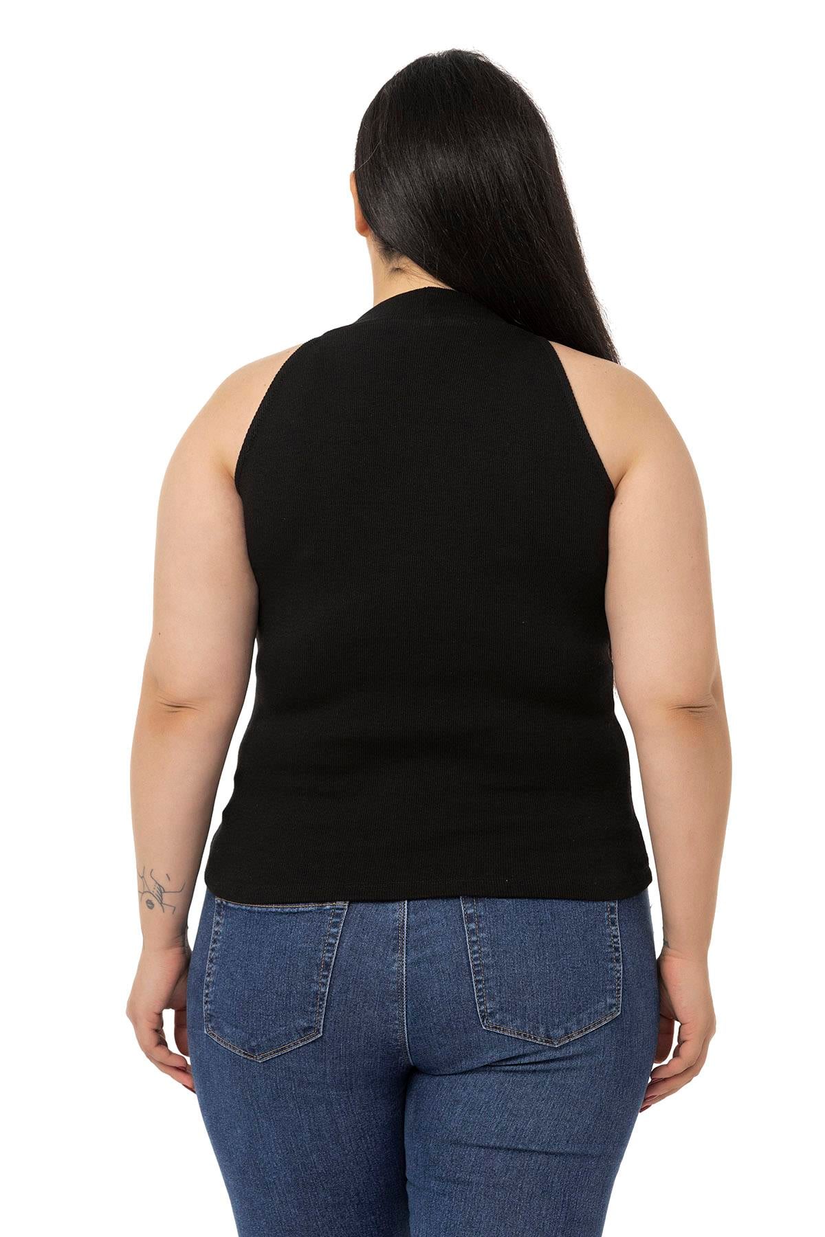 Büyük Beden Halter Yaka Yarım Balıkçı Fitilli Kaşkorse Siyah Body
