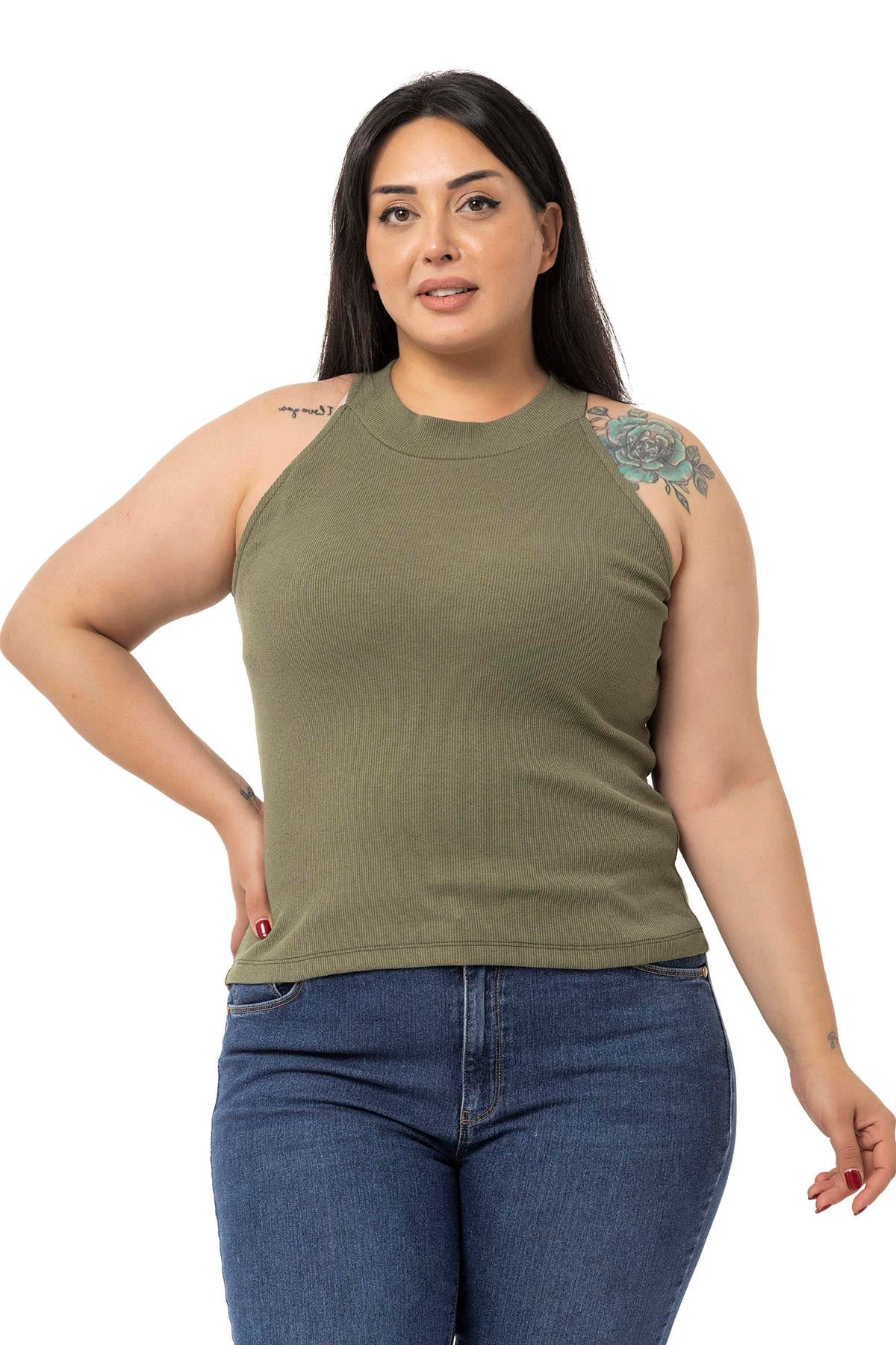 Büyük Beden Halter Yaka Yarım Balıkçı Fitilli Kaşkorse Haki Body