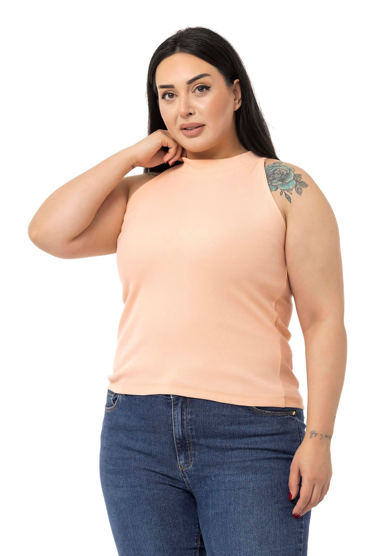Büyük Beden Halter Yaka Yarım Balıkçı Fitilli Kaşkorse Somon Body