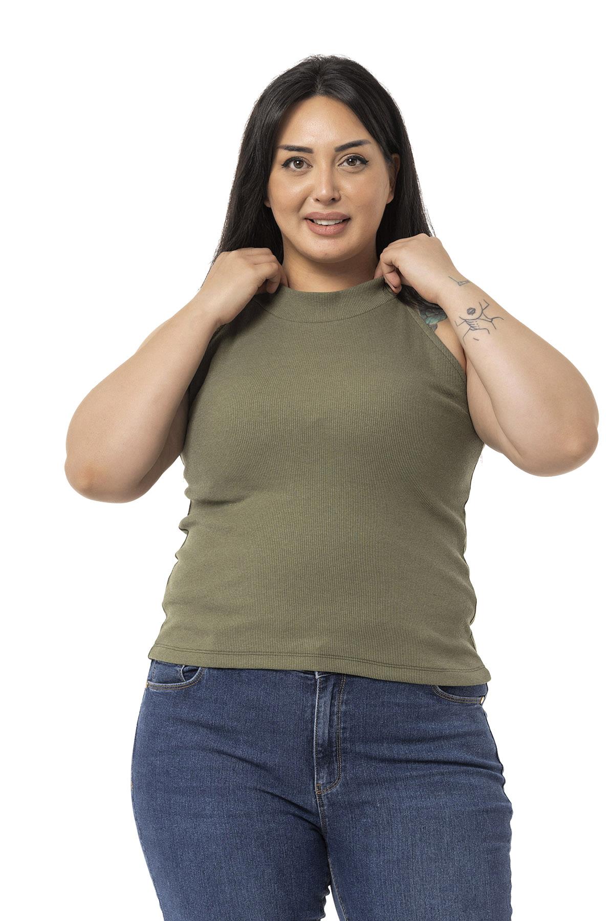 Büyük Beden Halter Yaka Yarım Balıkçı Fitilli Kaşkorse Haki Body