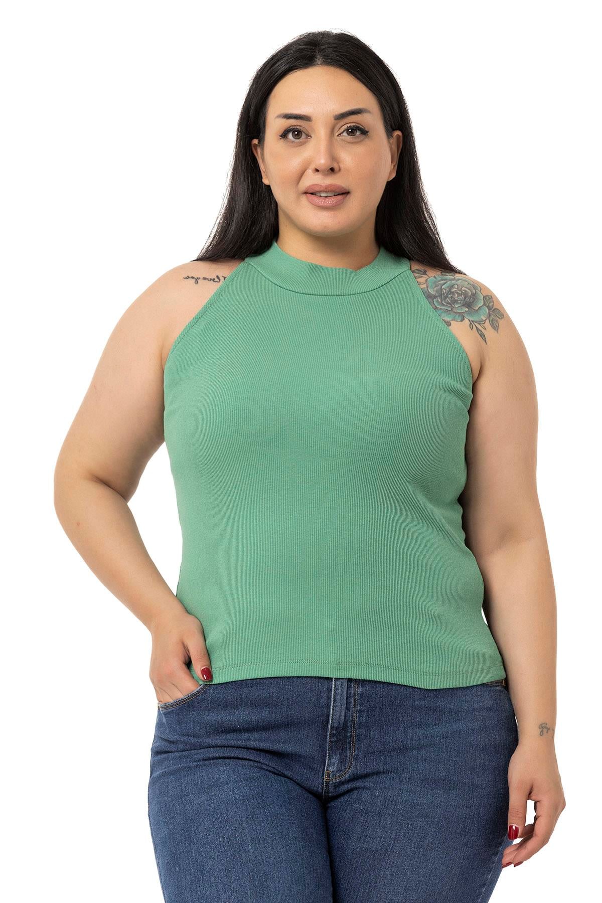 Büyük Beden Halter Yaka Yarım Balıkçı Fitilli Kaşkorse Yeşil Body