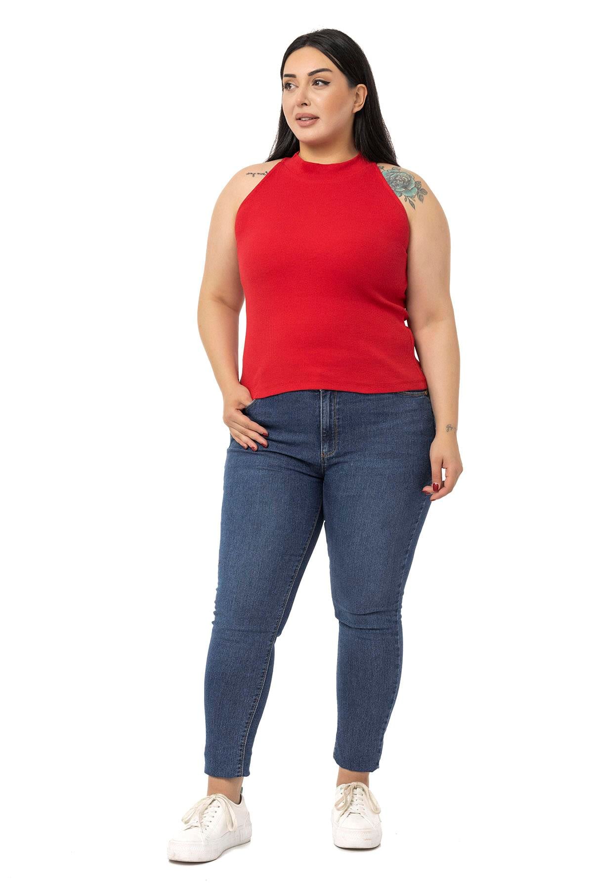 Büyük Beden Halter Yaka Yarım Balıkçı Fitilli Kaşkorse Kırmızı Body