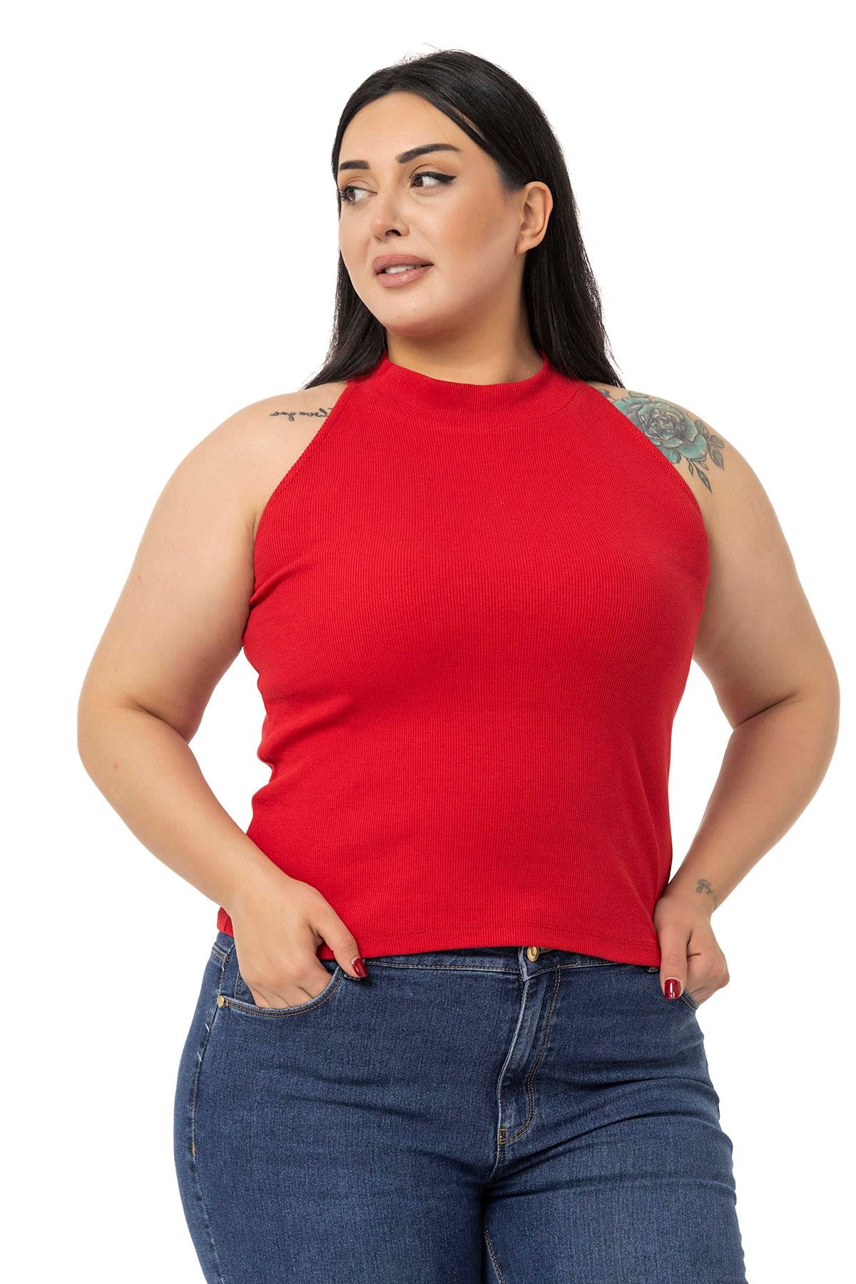 Büyük Beden Halter Yaka Yarım Balıkçı Fitilli Kaşkorse Kırmızı Body