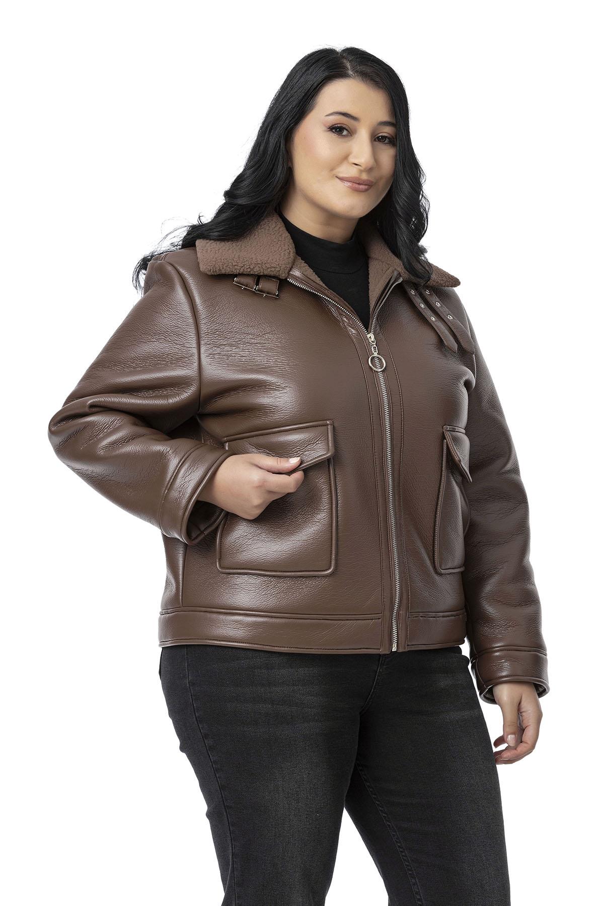 Plus Size Brown Leather Coat with Fur Inside, Zipper and Buckle Detail on the Collar
