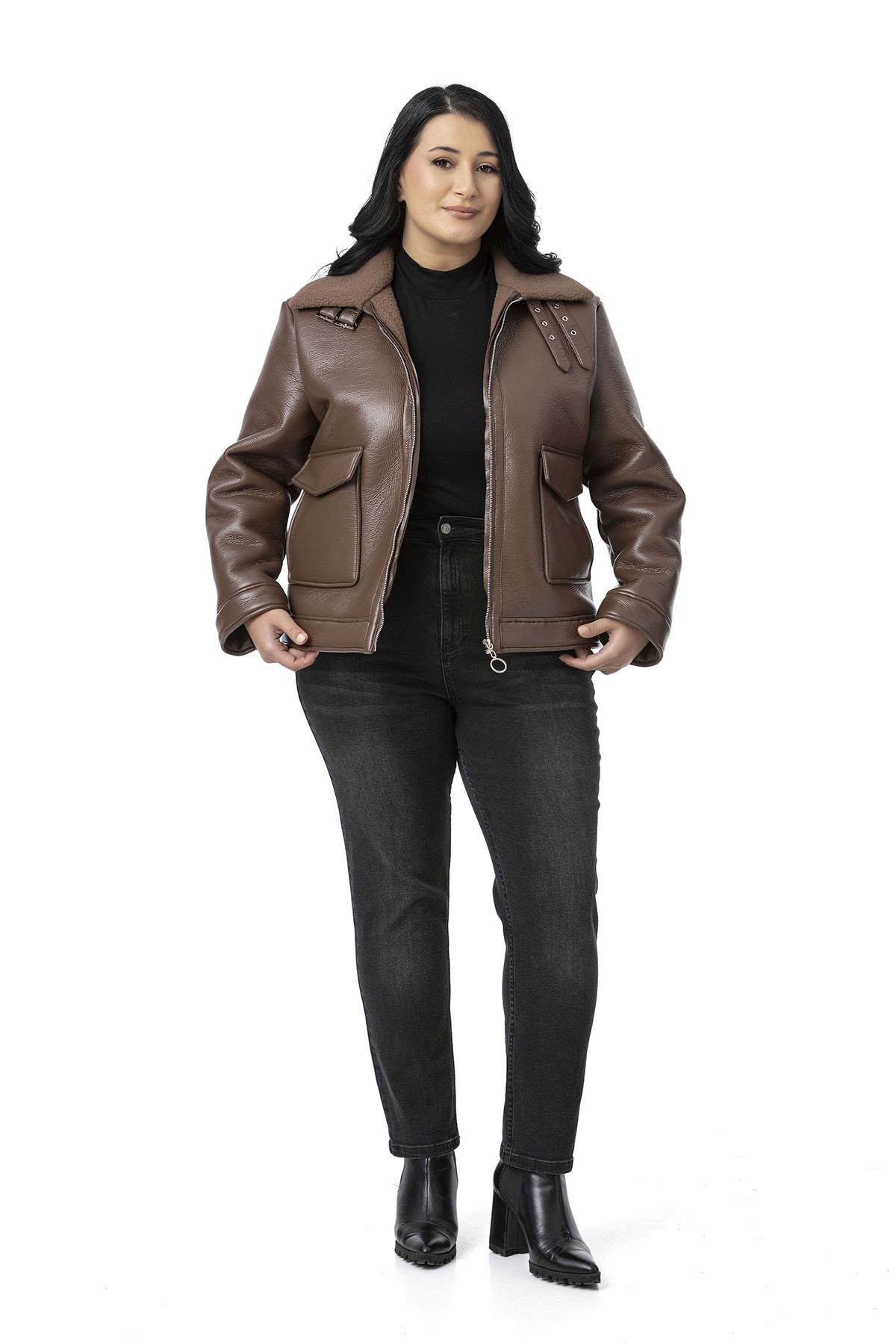 Plus Size Brown Leather Coat with Fur Inside, Zipper and Buckle Detail on the Collar