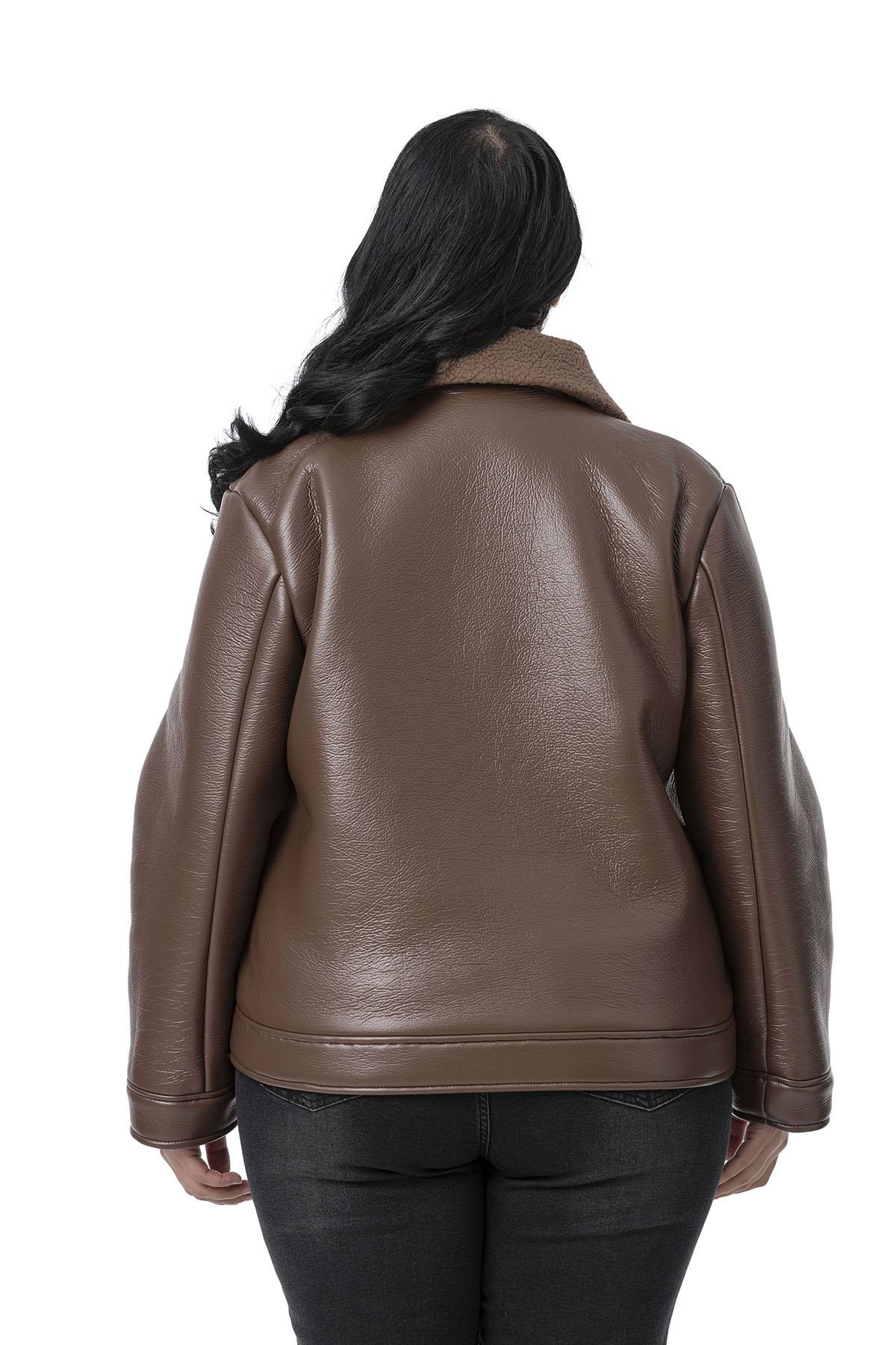 Plus Size Brown Leather Coat with Fur Inside, Zipper and Buckle Detail on the Collar