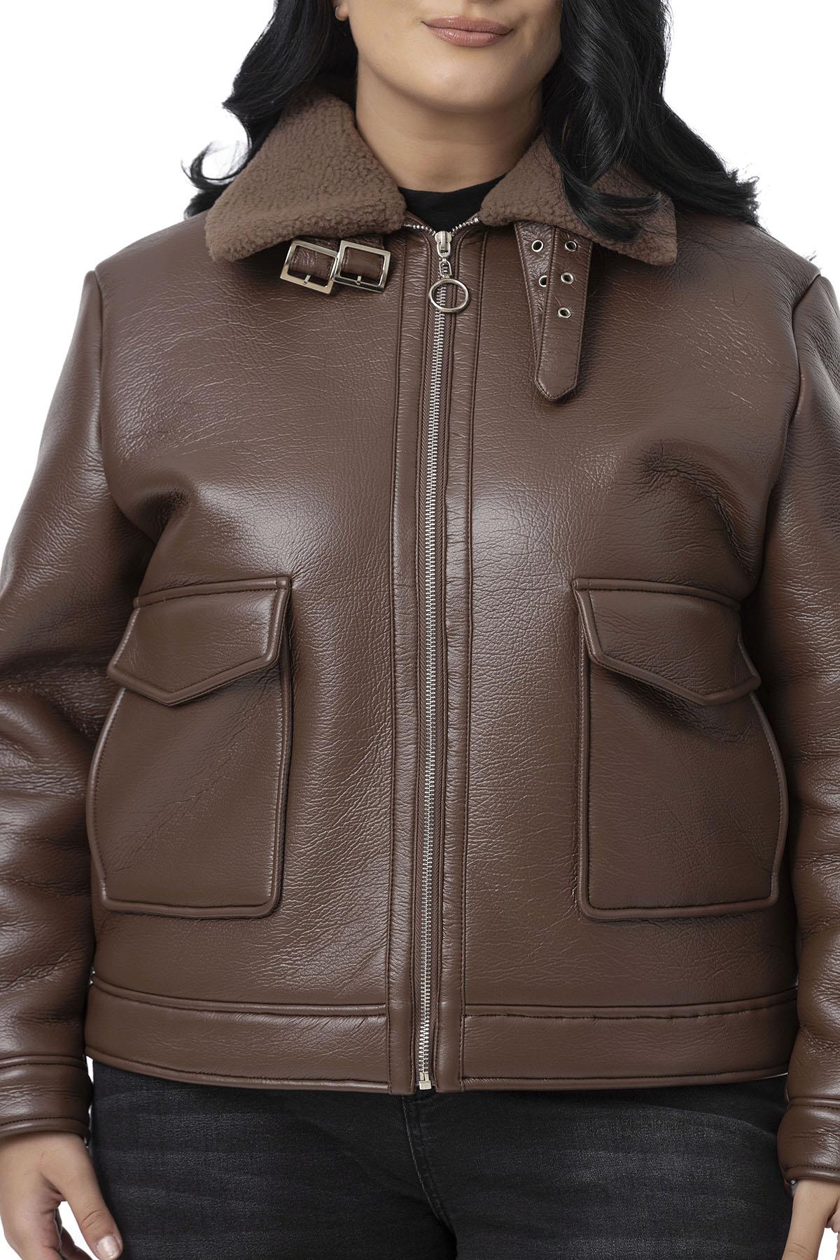 Plus Size Brown Leather Coat with Fur Inside, Zipper and Buckle Detail on the Collar