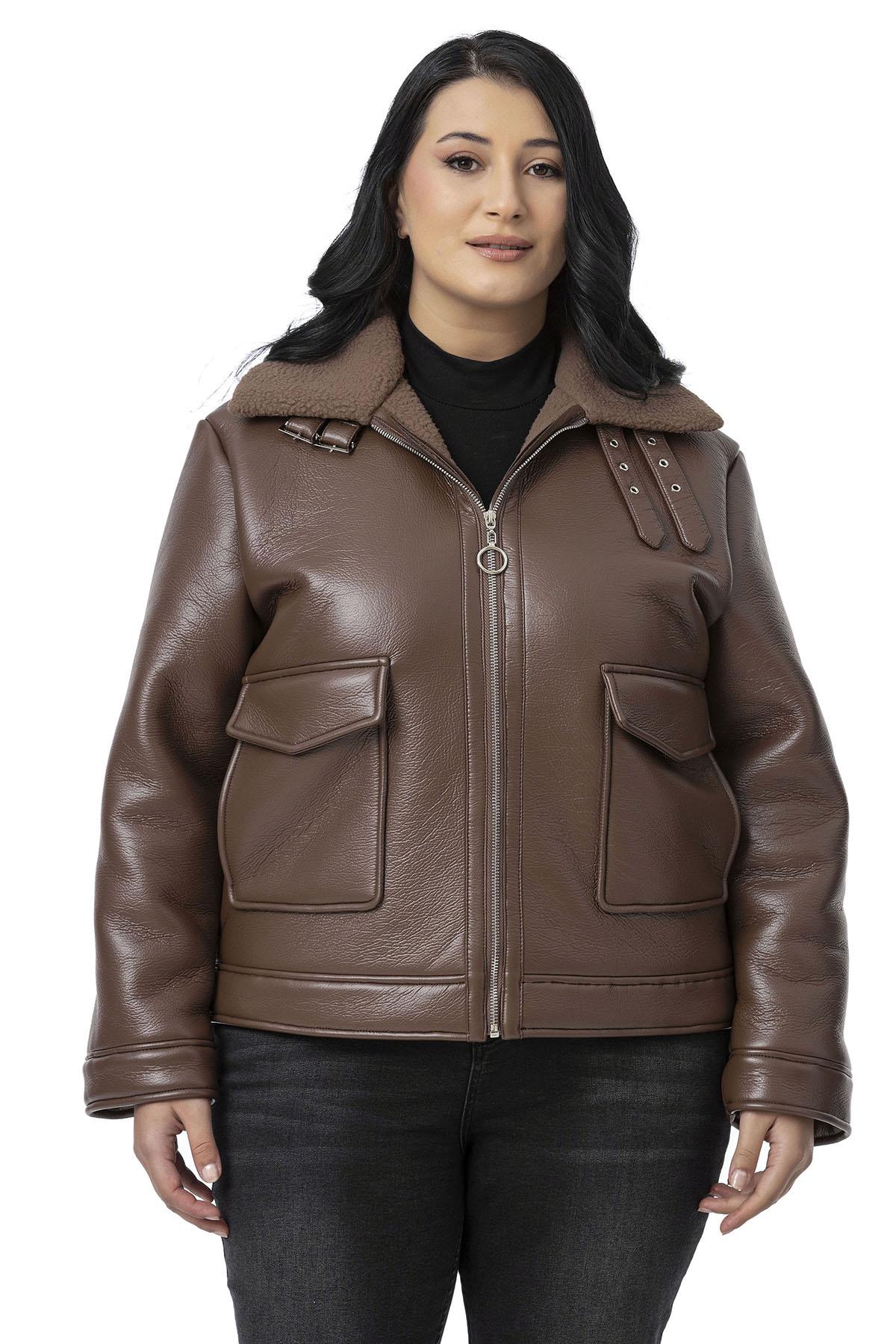 Plus Size Brown Leather Coat with Fur Inside, Zipper and Buckle Detail on the Collar