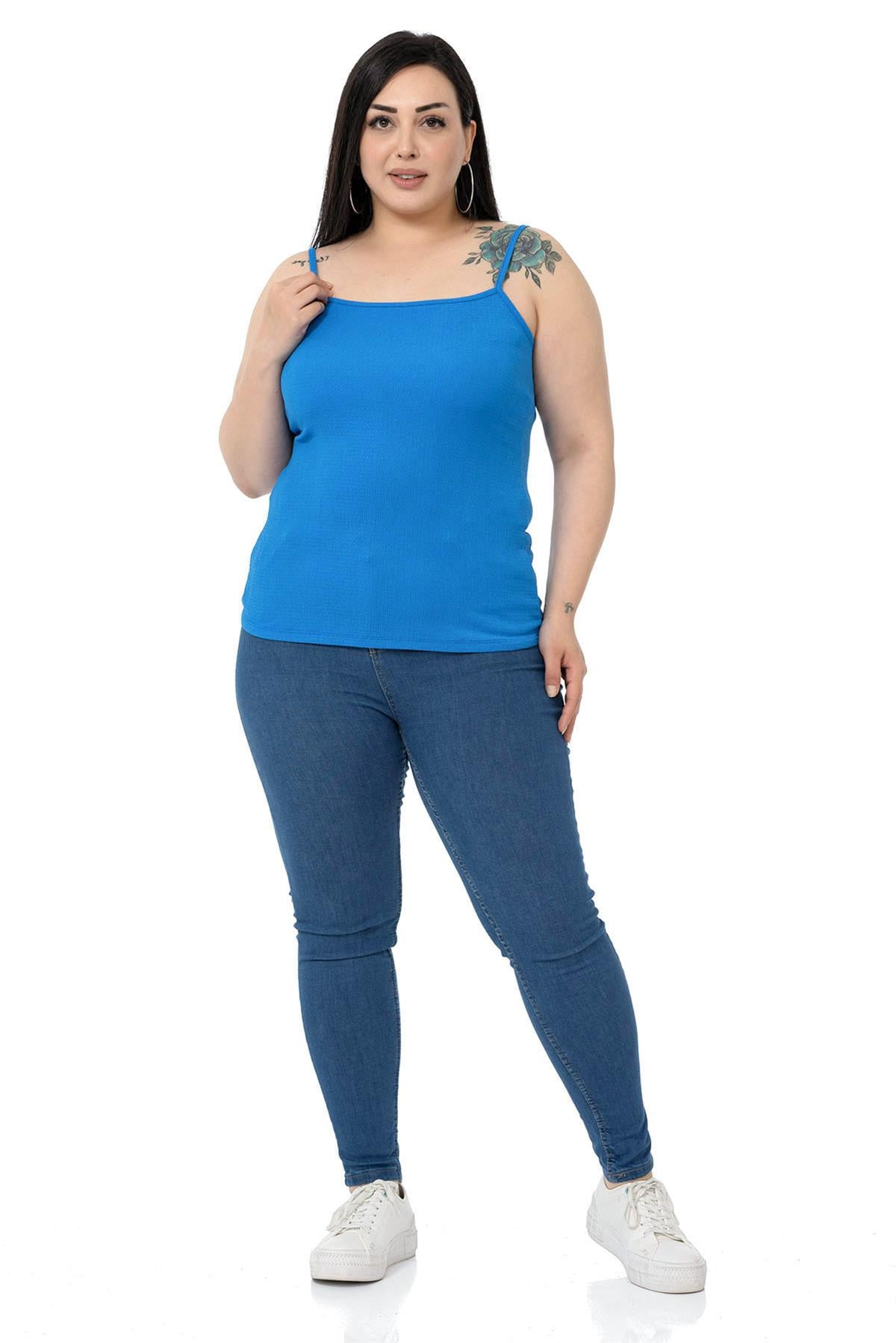 Büyük Beden İp Askılı Bürümcük Saks Mavi Body