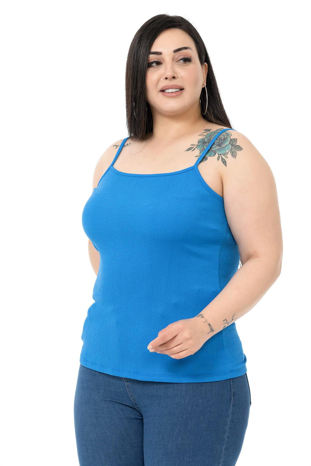 Büyük Beden İp Askılı Bürümcük Saks Mavi Body