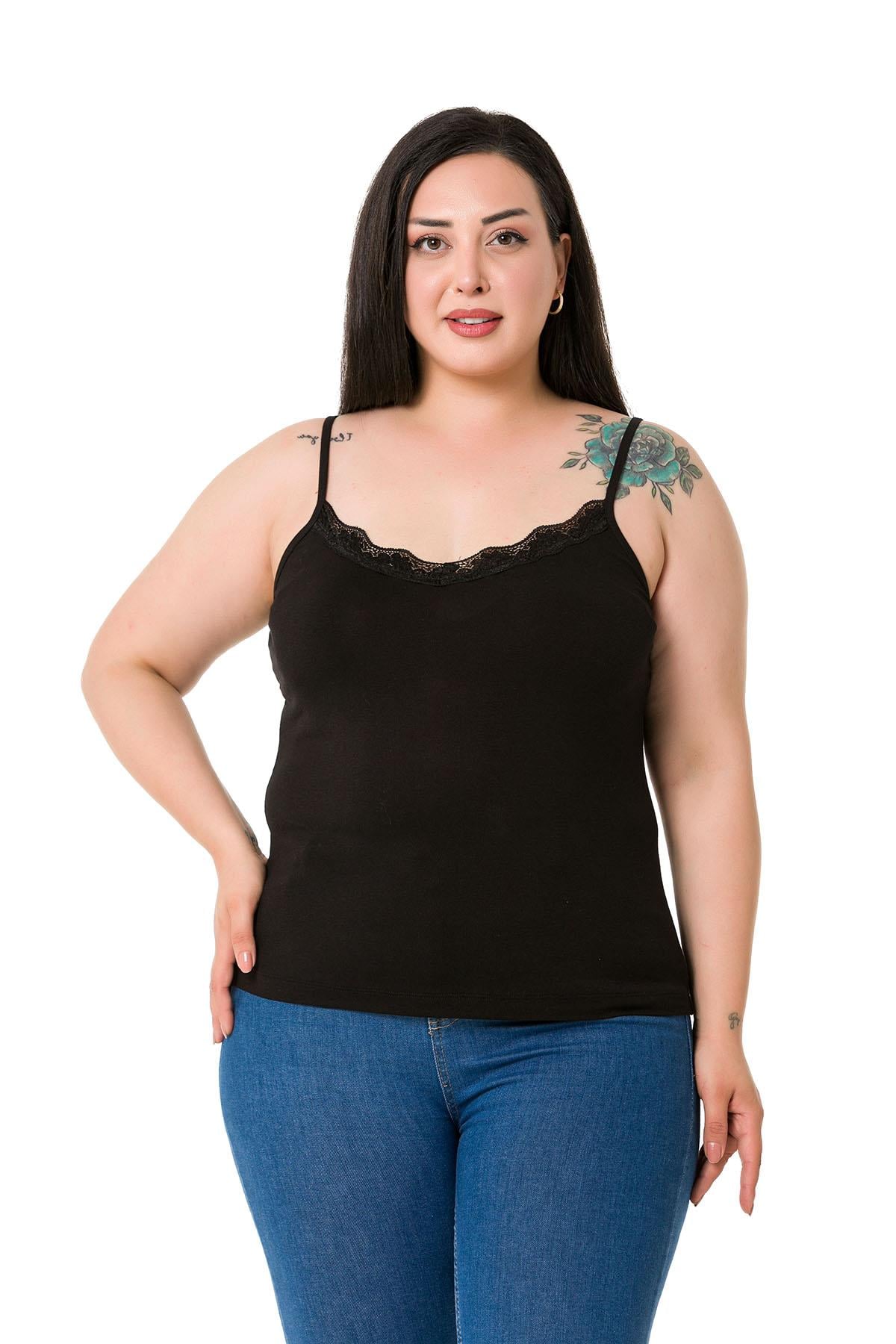 Plus Size Rope Strap Lace Viscose Black Blouse