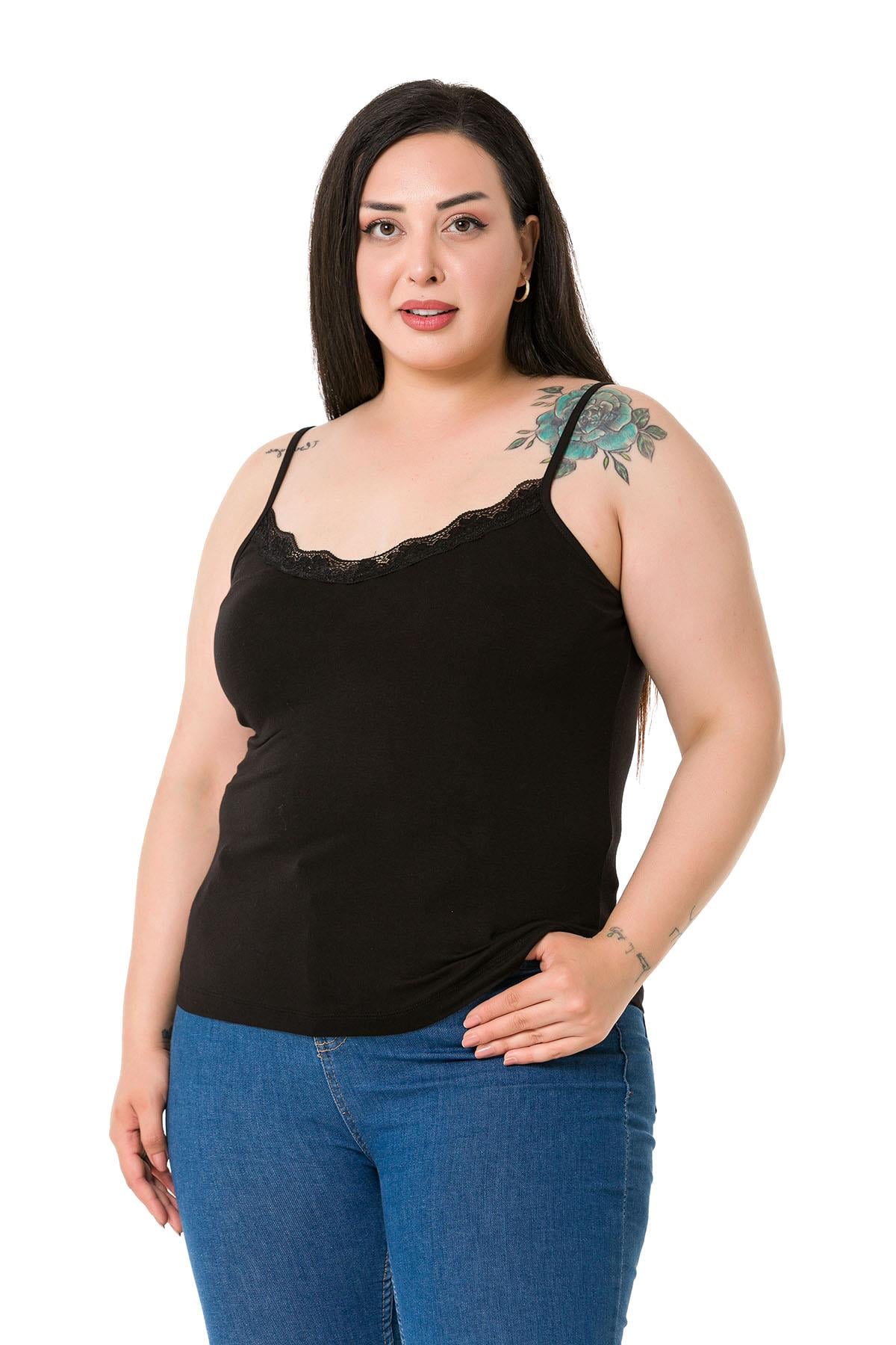 Plus Size Rope Strap Lace Viscose Black Blouse