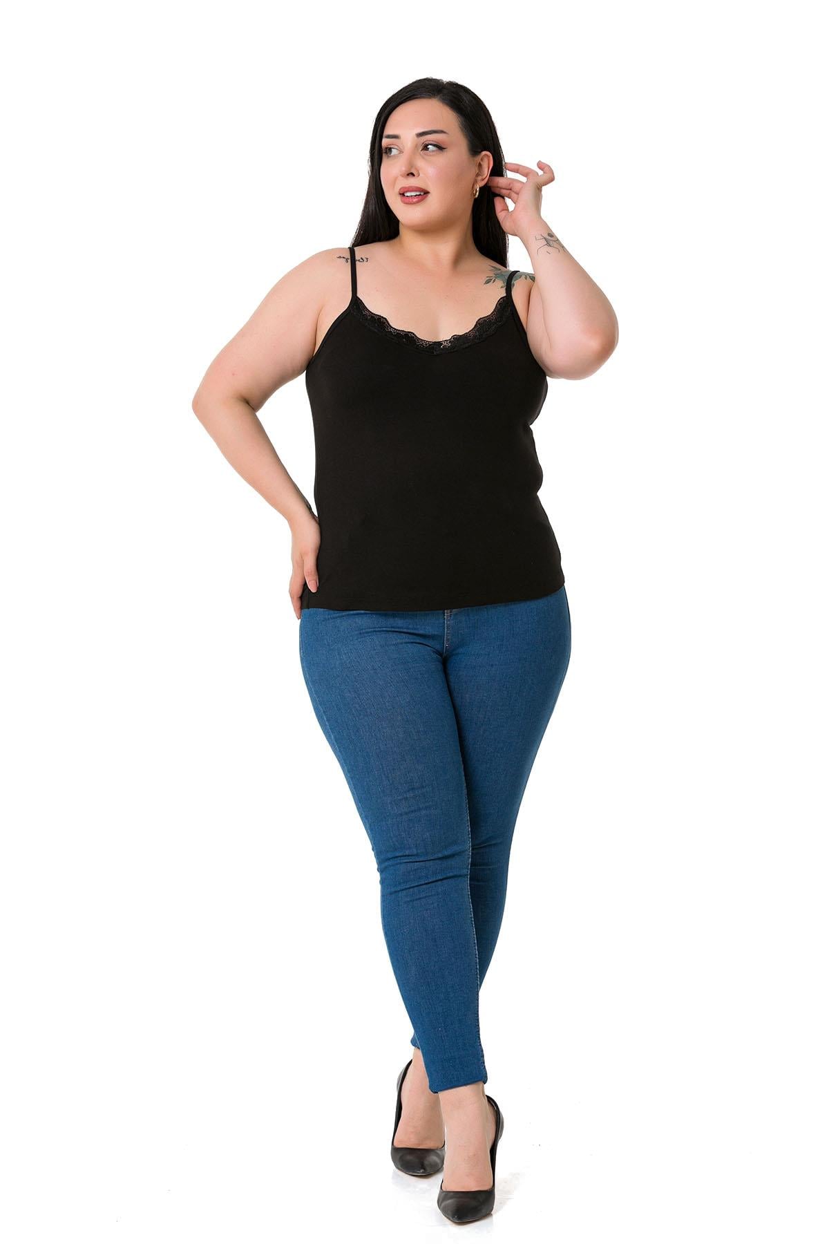 Plus Size Rope Strap Lace Viscose Black Blouse