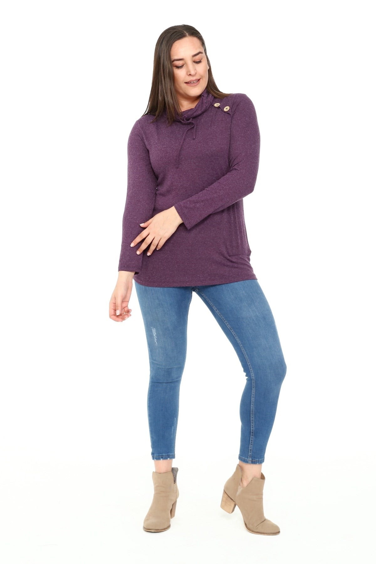 Plus Size Drawstring Collar Collar Button Detailed Wool Viscose Plum Blouse