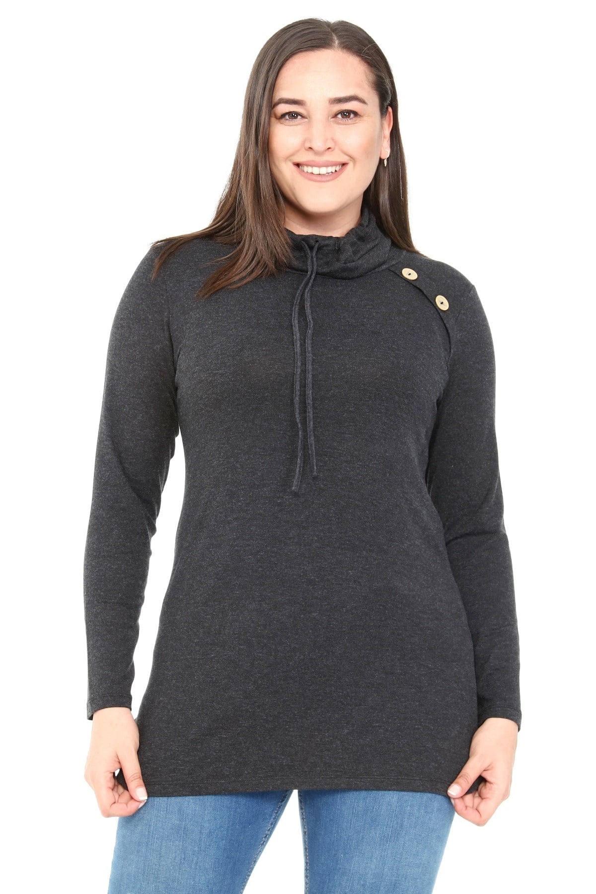 Plus Size Drawstring Collar Collar Button Detailed Wool Viscose Black Blouse