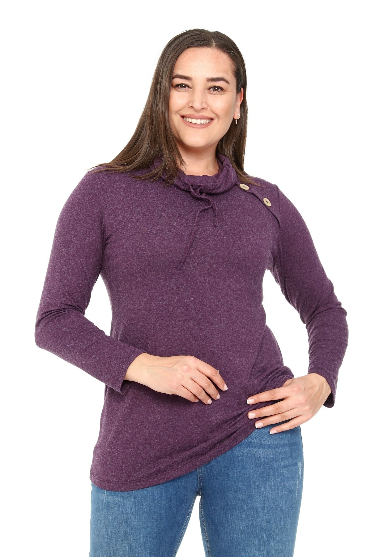 Plus Size Drawstring Collar Collar Button Detailed Wool Viscose Plum Blouse