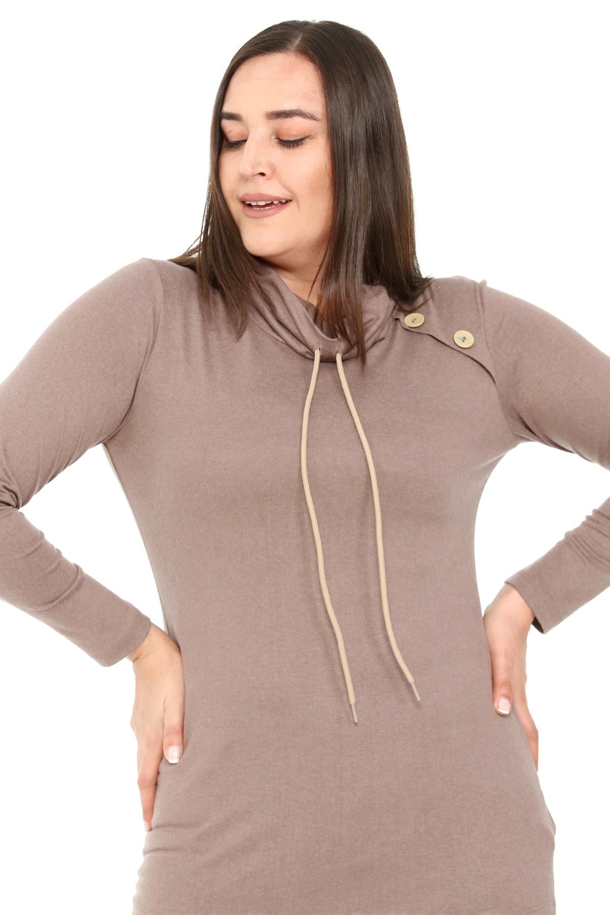 Plus Size Drawstring Collar Collar Button Detailed Wool Viscose Mink Blouse