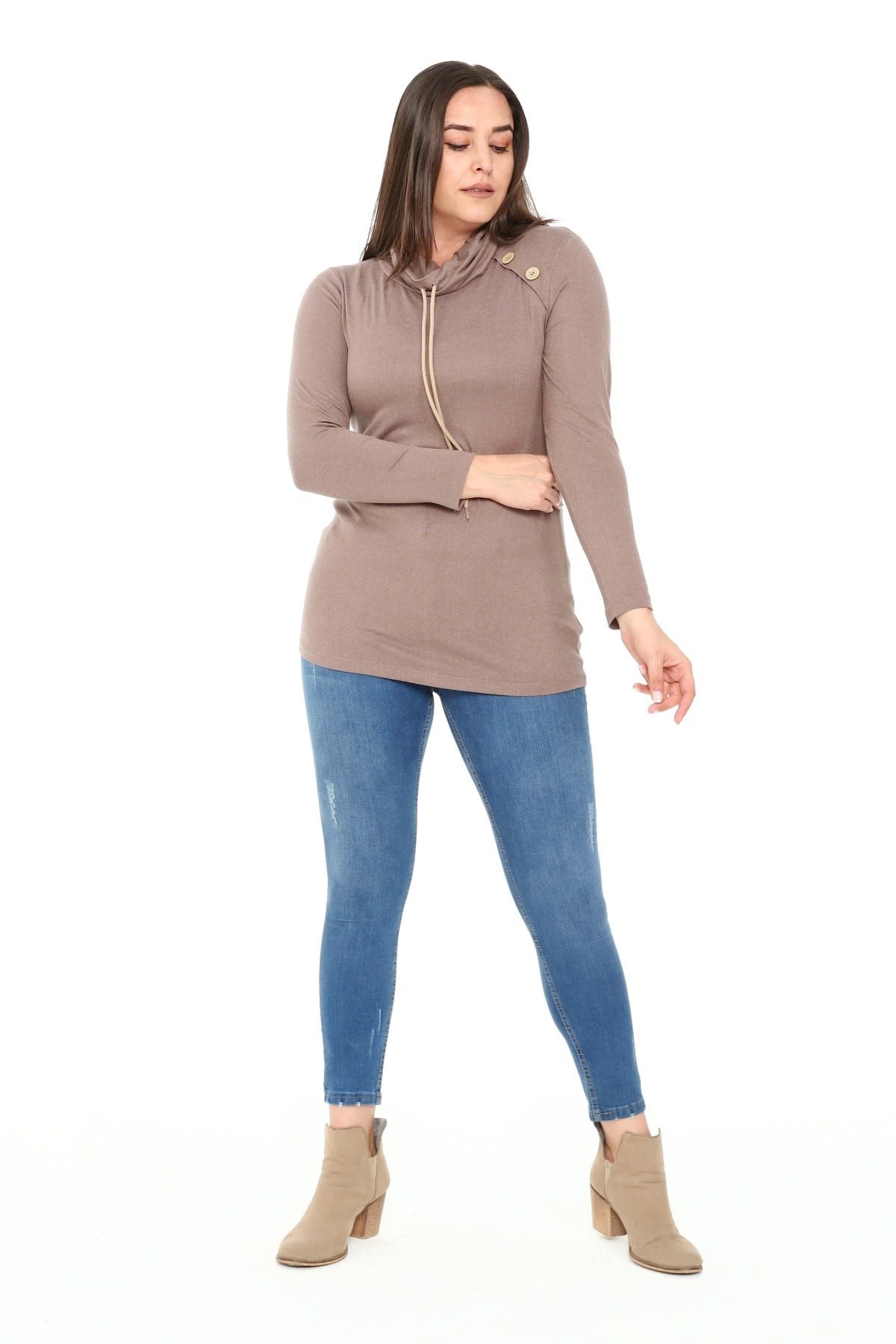 Plus Size Drawstring Collar Collar Button Detailed Wool Viscose Mink Blouse