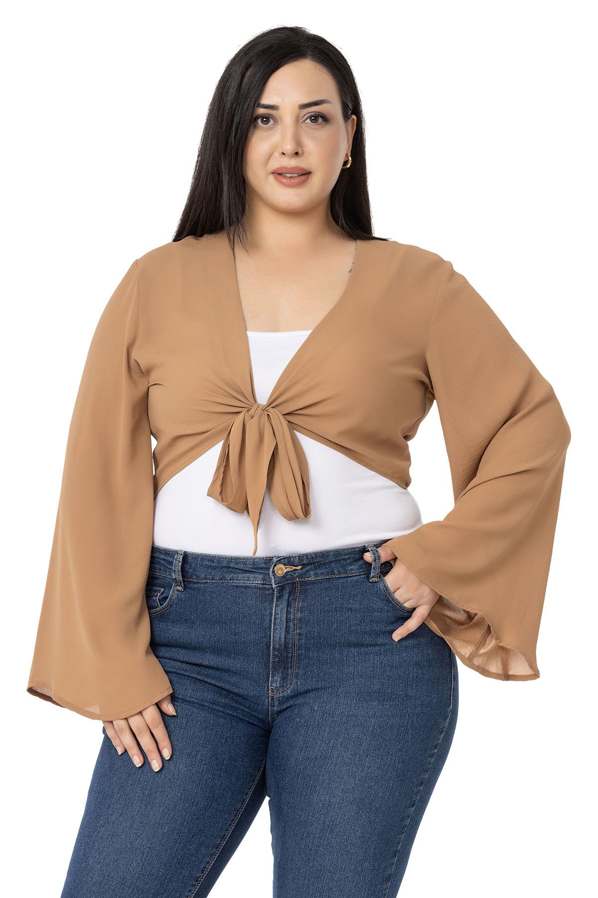 Plus Size Spanish Sleeves Tie Front Chiffon Camel Bolero