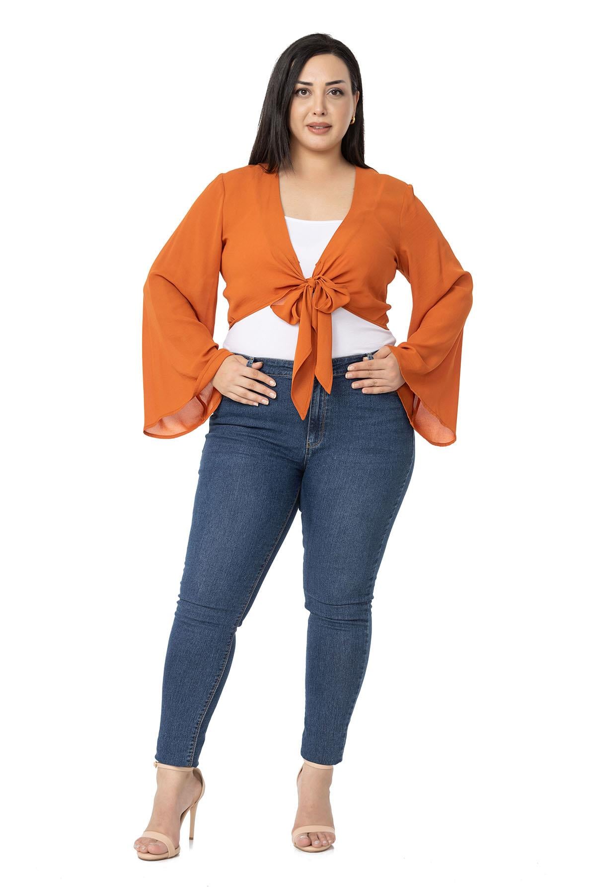 Plus Size Spanish Sleeves Tie Front Chiffon Brick Bolero