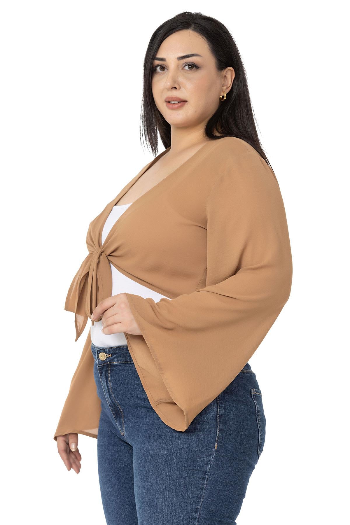Plus Size Spanish Sleeves Tie Front Chiffon Camel Bolero