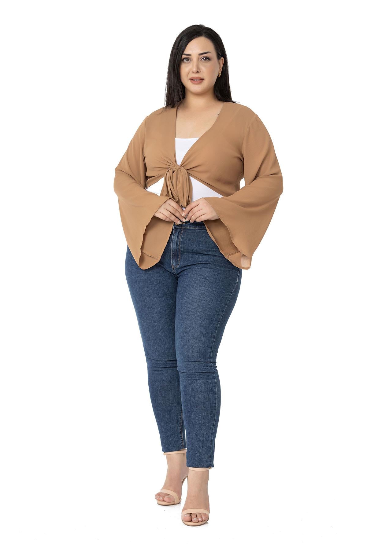 Plus Size Spanish Sleeves Tie Front Chiffon Camel Bolero
