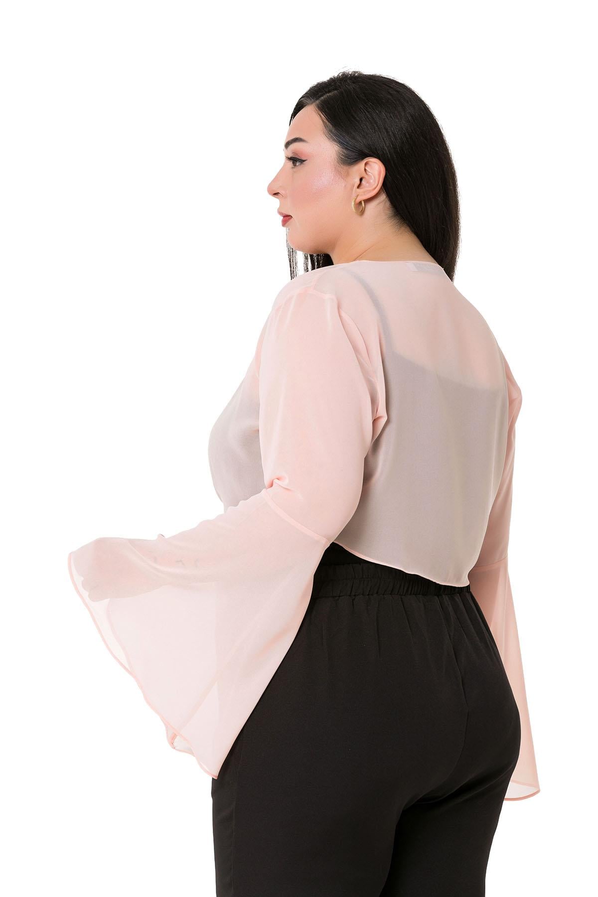 Plus Size Spanish Sleeves Tie Front Chiffon Light Pink Bolero