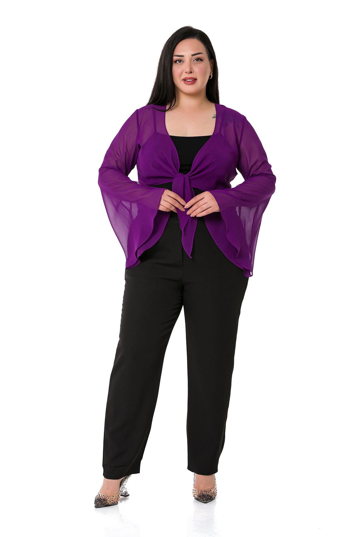 Plus Size Spanish Sleeves Tie Front Chiffon Purple Bolero