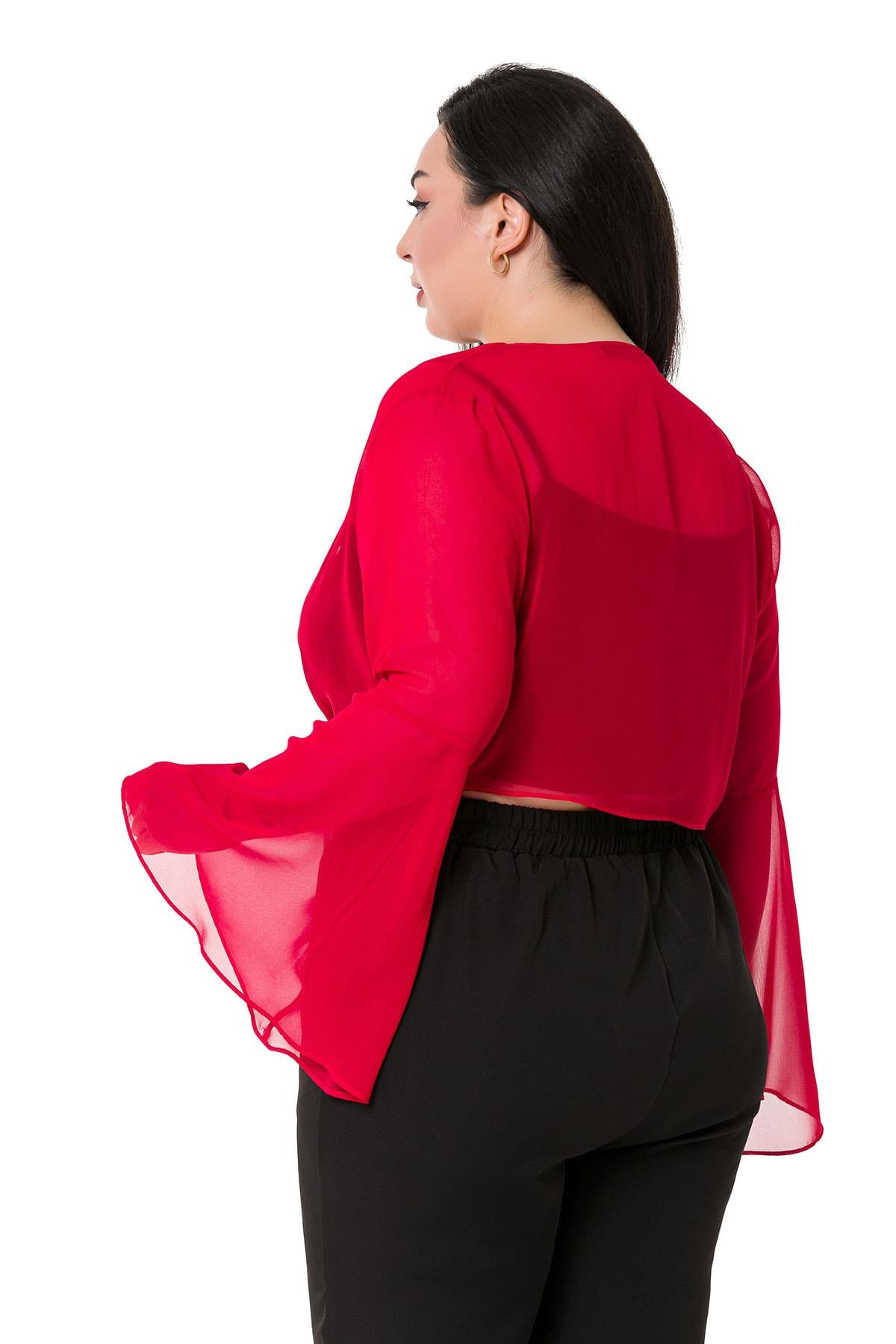 Büyük Beden İspanyol Kollu Önü Bağlamalı Şifon Kırmızı Bolero