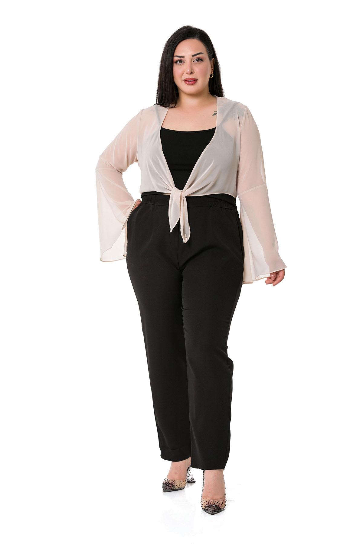 Plus Size Spanish Sleeves Tie Front Chiffon Beige Bolero