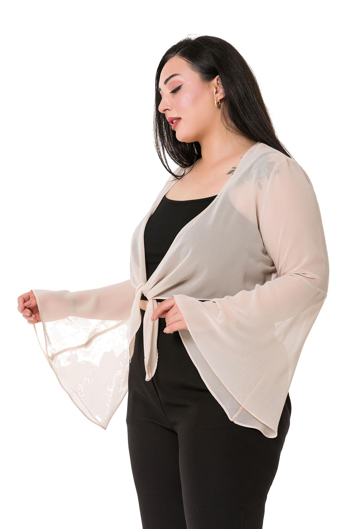 Plus Size Spanish Sleeves Tie Front Chiffon Beige Bolero