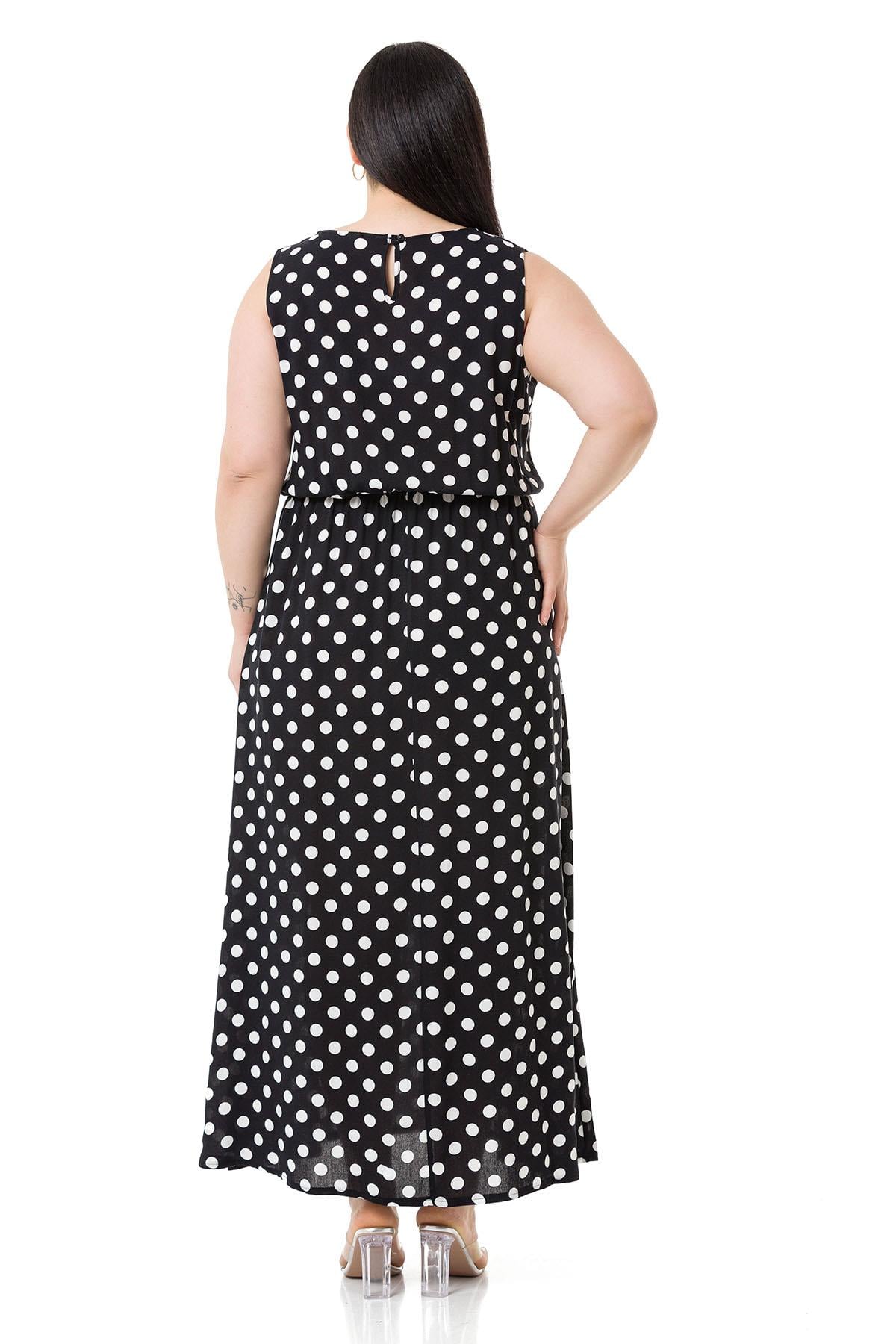 Plus Size Thick Strap Long Viscose Black Dress with Elastic Waist and Small Polka Dots
