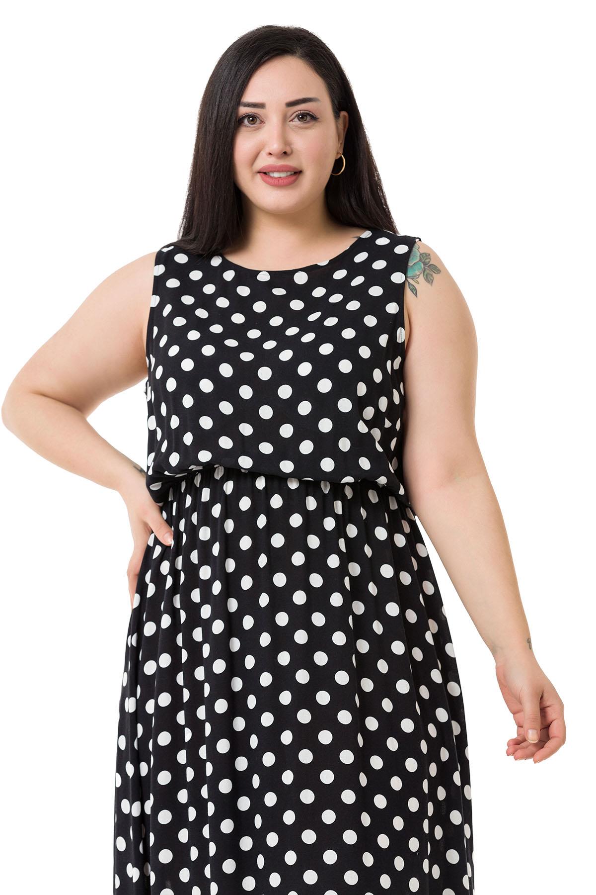 Plus Size Thick Strap Long Viscose Black Dress with Elastic Waist and Small Polka Dots