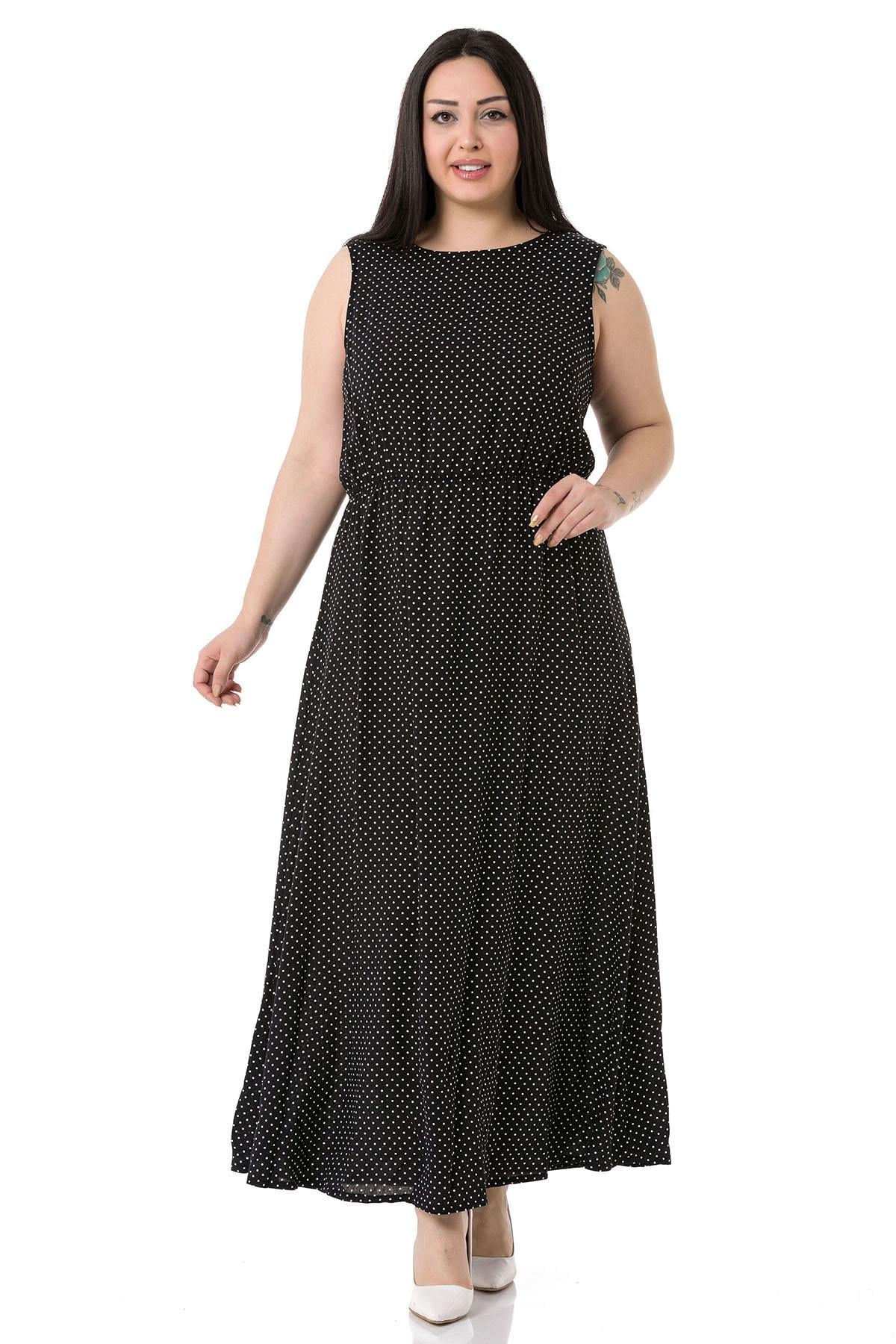 Plus Size Thick Strap Long Viscose Black Dress with Elastic Waist and Small Polka Dots