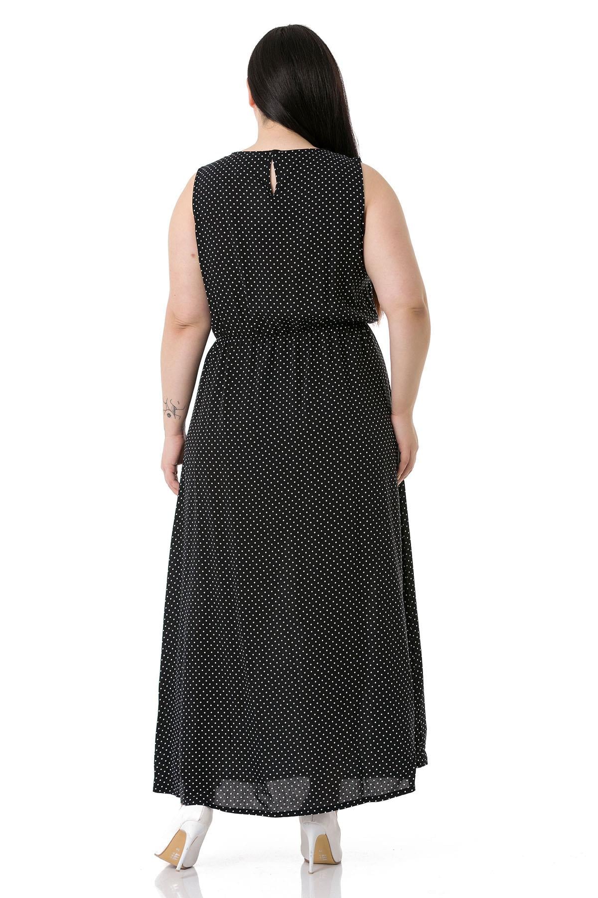 Plus Size Thick Strap Long Viscose Black Dress with Elastic Waist and Small Polka Dots