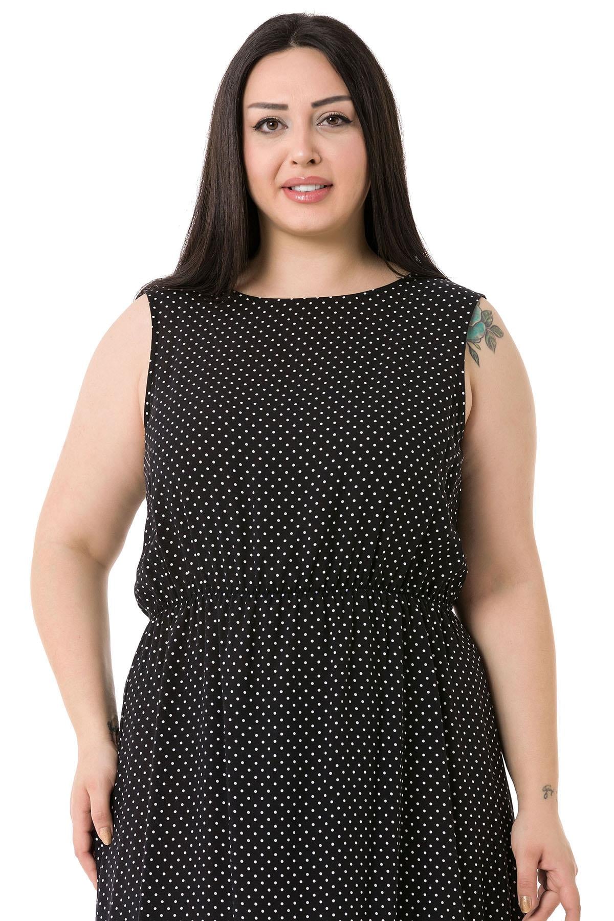 Plus Size Thick Strap Long Viscose Black Dress with Elastic Waist and Small Polka Dots